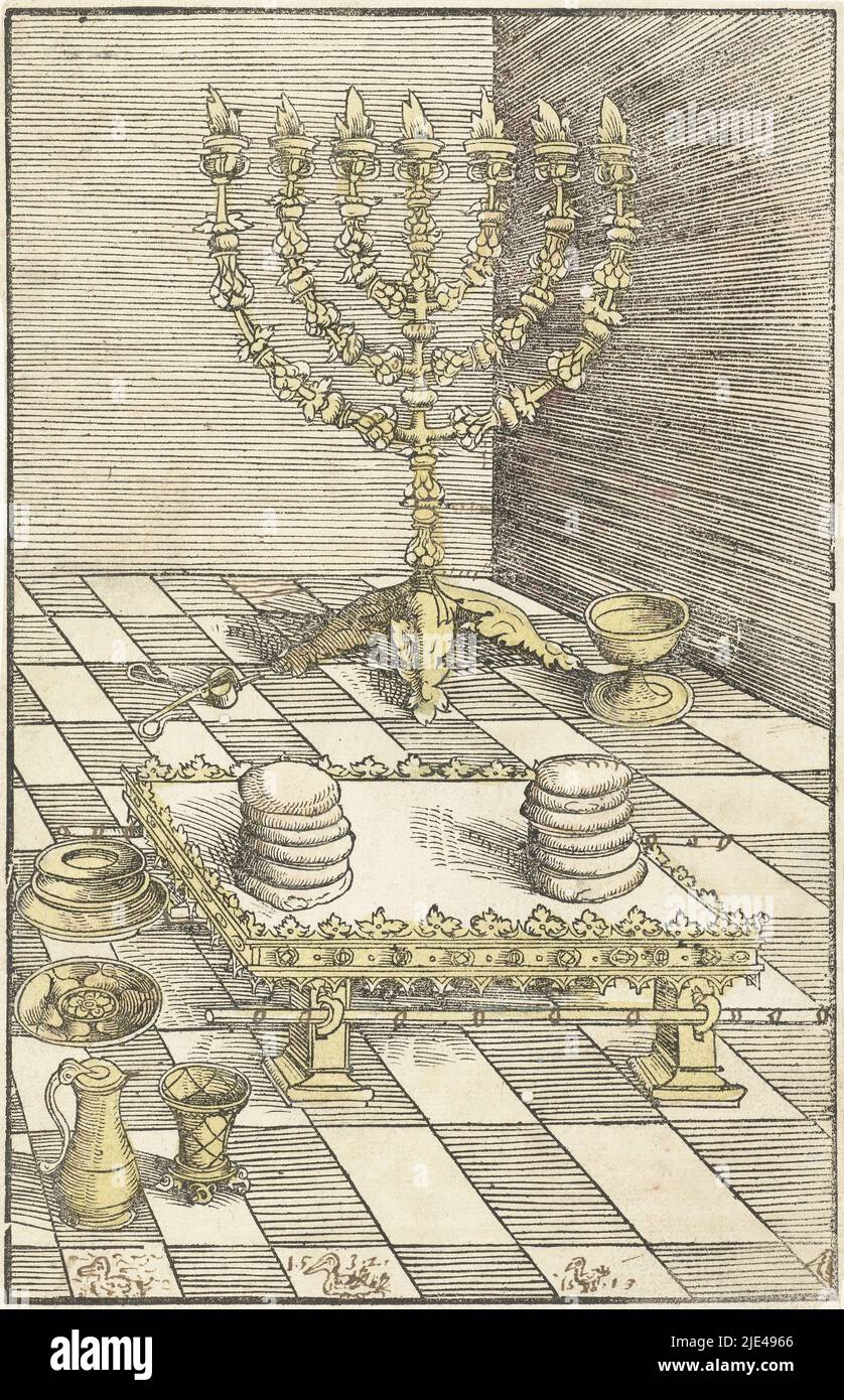 Seven-armed candlestick and table with the showbread, Lucas Cranach (I), 1523 - 1526, The golden seven-armed candlestick or menorah and the golden table with the showbread as an offering are in the tabernacle. On the print, someone later drew three little birds at the bottom and wrote two dates (1513 and 1532) in pen in brown whose meaning is unclear., print maker: Lucas Cranach (I), 1523 - 1526, paper, h 226 mm × w 145 mm Stock Photo