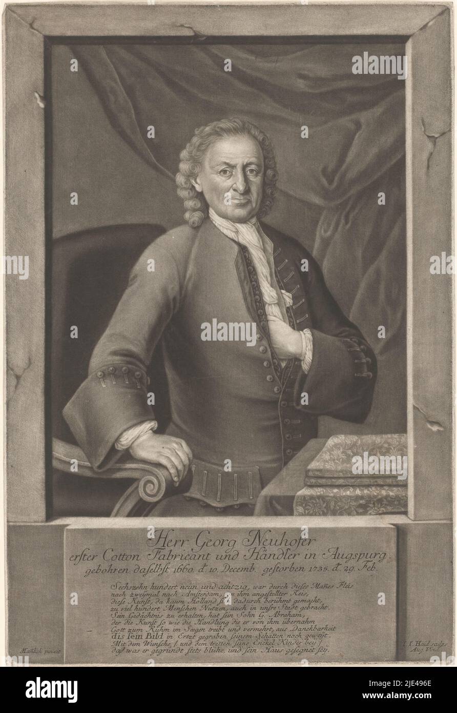 Portrait of Georg Neuhofer, Johann Jacob Haid, after Mannlich, 1735 - 1767, With poem of praise in German., print maker: Johann Jacob Haid, (mentioned on object), after: Mannlich, (mentioned on object), Augsburg, 1735 - 1767, paper, h 383 mm × w 259 mm Stock Photo