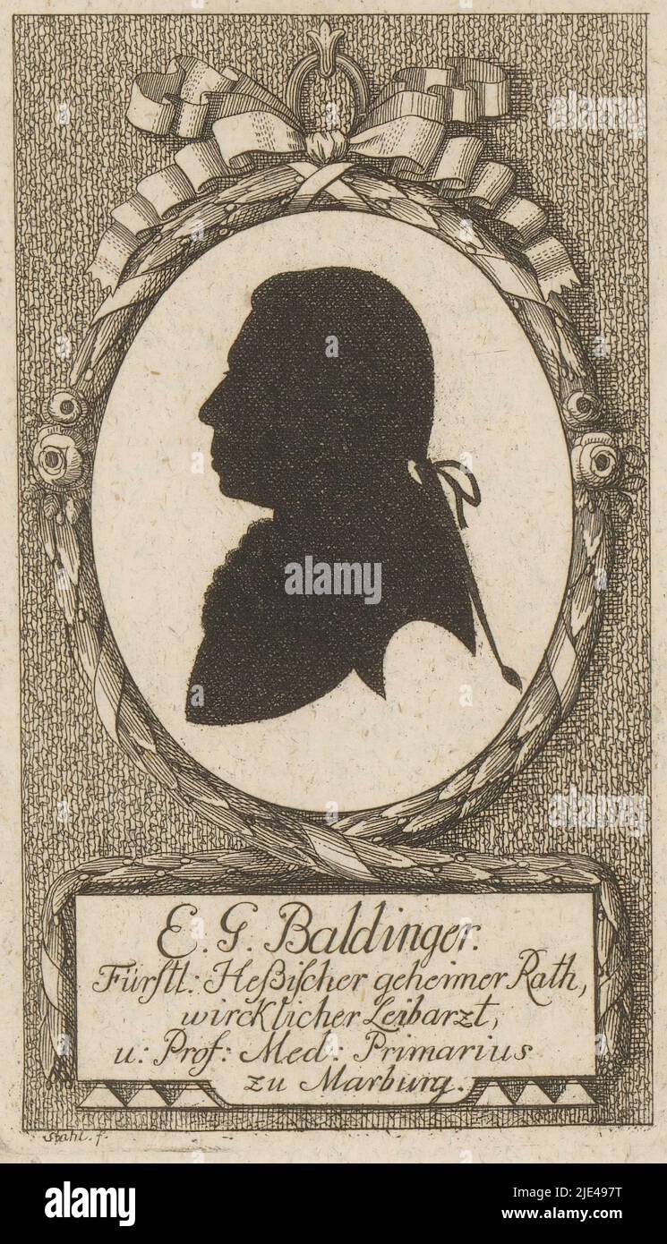 Silhouette portrait of Ernst Gottfried Baldinger, Johann Ludwig Stahl, 1785 - 1853, print maker: Johann Ludwig Stahl, (mentioned on object), Germany, 1785 - 1853, paper, etching, h 134 mm - w 78 mm Stock Photo
