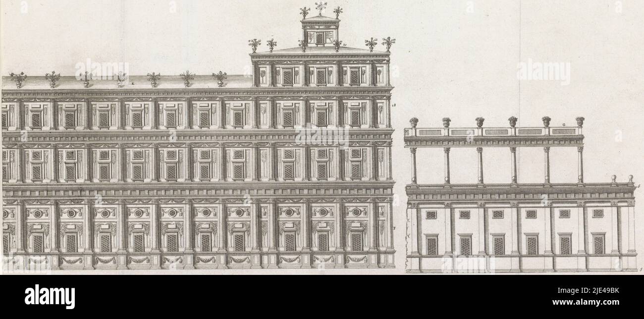 Facade of the new temple (right), anonymous, 1618, The right part of the facade of the new temple in Jerusalem, as it would look according to Juan Bautista Villalpando in his book Ezechielem Explanationes, 1596. Villalpando based his explanations on Ezekiel's visions of the new temple in the Bible book Ezekiel. On the right, the façade of the court of the Gentiles and a balustrade., print maker: anonymous, Netherlands, 1618, paper, etching, h 303 mm × w 500 mm Stock Photo