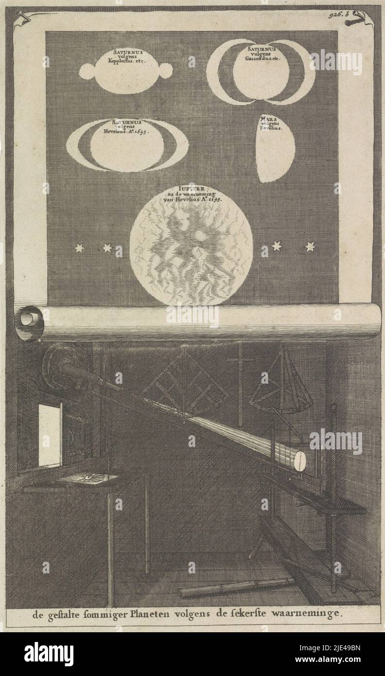 Planets and a telescope, Jan Luyken (possibly), 1690, The planets Saturn, Mars and Jupiter, as observed by Kepplerius, Gassendus and Hevelius, on a pinned paper. Below is a room visible with astronomical instruments. Numbered at top right: 926 b., print maker: Jan Luyken, (possibly), publisher: Wilhelmus Goeree (I), (possibly), Amsterdam, 1690, paper, etching, h 280 mm × w 170 mm Stock Photo