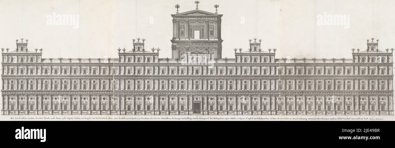 Facade of the new temple, anonymous, 1618, The new temple at Jerusalem, as it would look according to Juan Bautista Villalpando in his book Ezechielem Explanationes, 1596. Villalpando based his explanations on Ezekiel's visions of the new temple in the Bible book Ezekiel. Whole consisting of three leaves., print maker: anonymous, Netherlands, 1618, paper, etching, h 294 mm × w 1405 mm Stock Photo