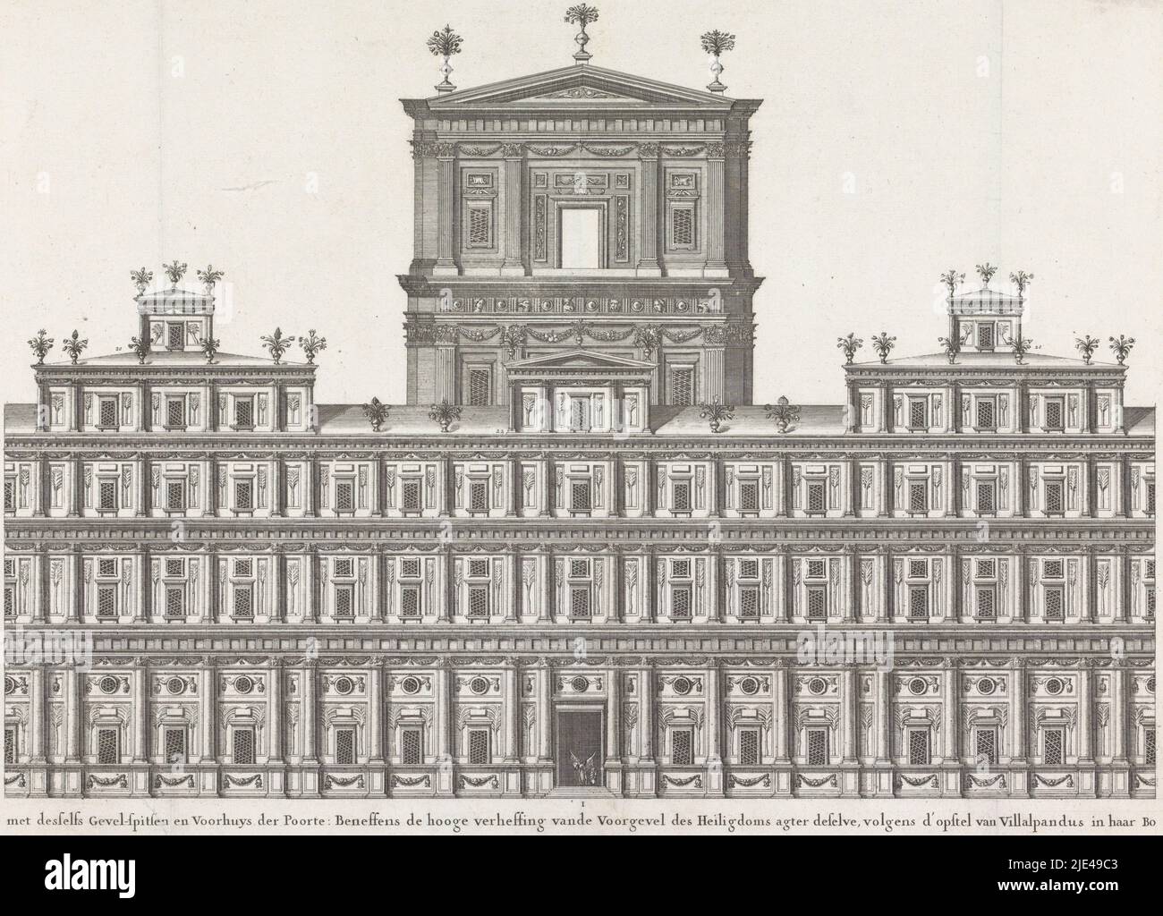 Facade of the new temple (center), anonymous, 1618, The center section of the facade of the new temple at Jerusalem, as it would look according to Juan Bautista Villalpando in his book Ezechielem Explanationes, 1596. Villalpando based his work on Ezekiel's visions of the new temple in the Bible book Ezekiel. In the doorway an angel with a measuring rod and the prophet Ezekiel., print maker: anonymous, Netherlands, 1618, paper, etching, h 294 mm × w 402 mm Stock Photo
