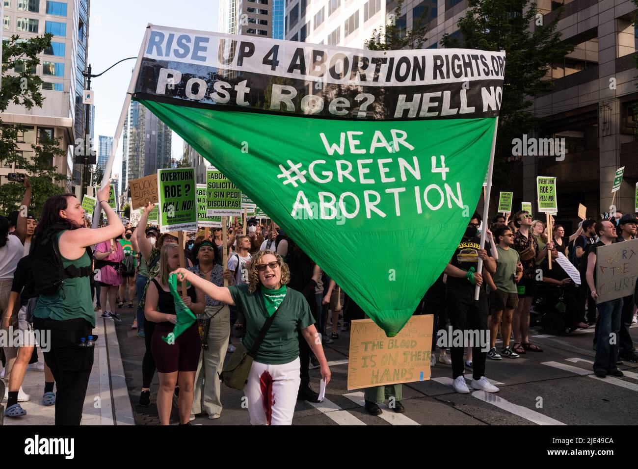Seattle, USA. 24th Jun, 2022. Thousands of Pro Choice protestors flood downtown after the repeal of Roe V. Wade. Stock Photo