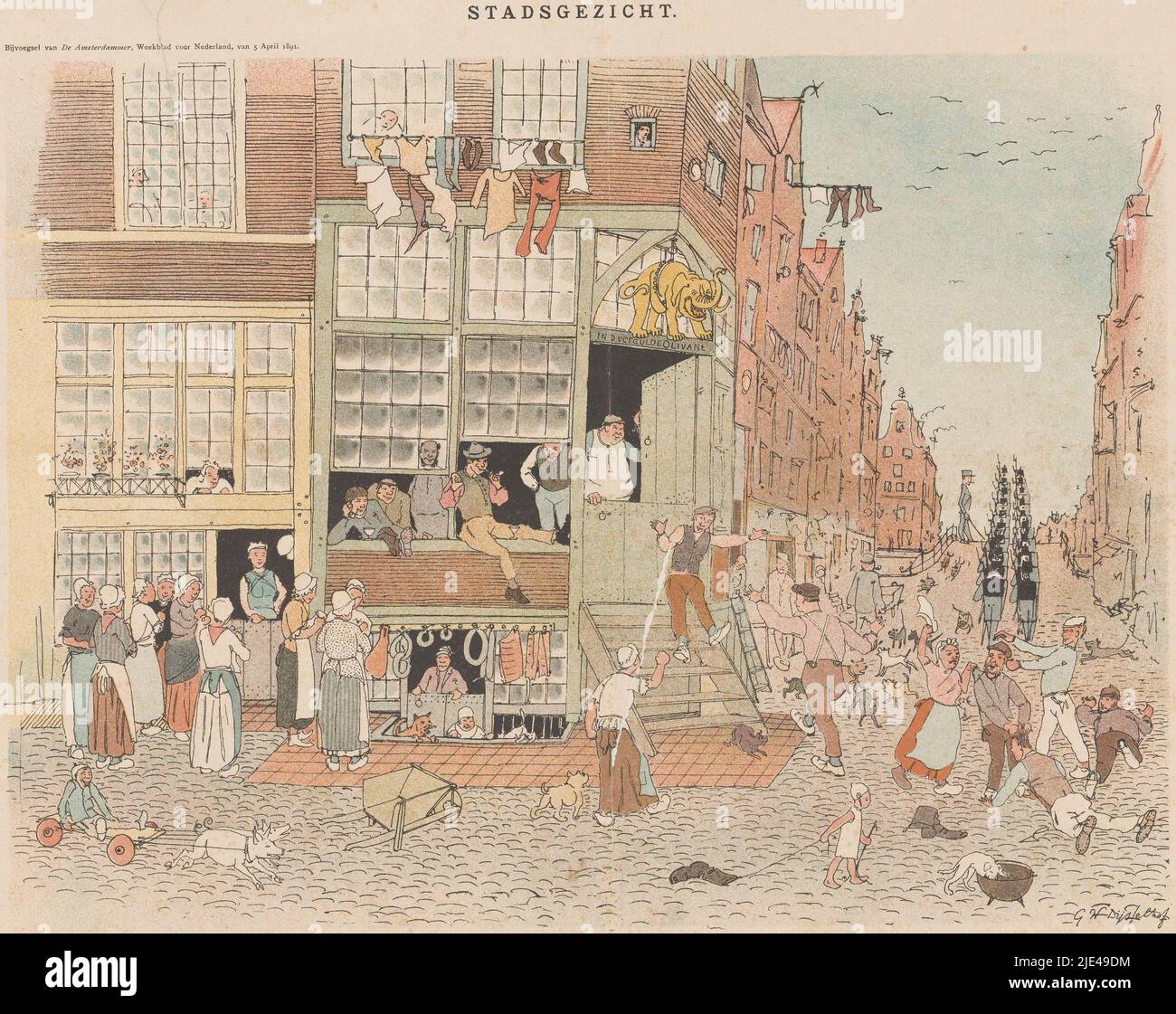 City view, Gerrit Willem Dijsselhof, 1891, Men, women and children in costume surrounding the café 'In de vergulde olivant' on the corner of a street. Below the café is a butcher's shop. On the left a child on a cart pulled by two pigs. On the right a group of fighting men and women. Behind them running dogs and a regiment of marching soldiers., print maker: Gerrit Willem Dijsselhof, (mentioned on object), printer: L. van Leer & Co., (mentioned on object), 5-Apr-1891, paper, h 330 mm × w 453 mm Stock Photo