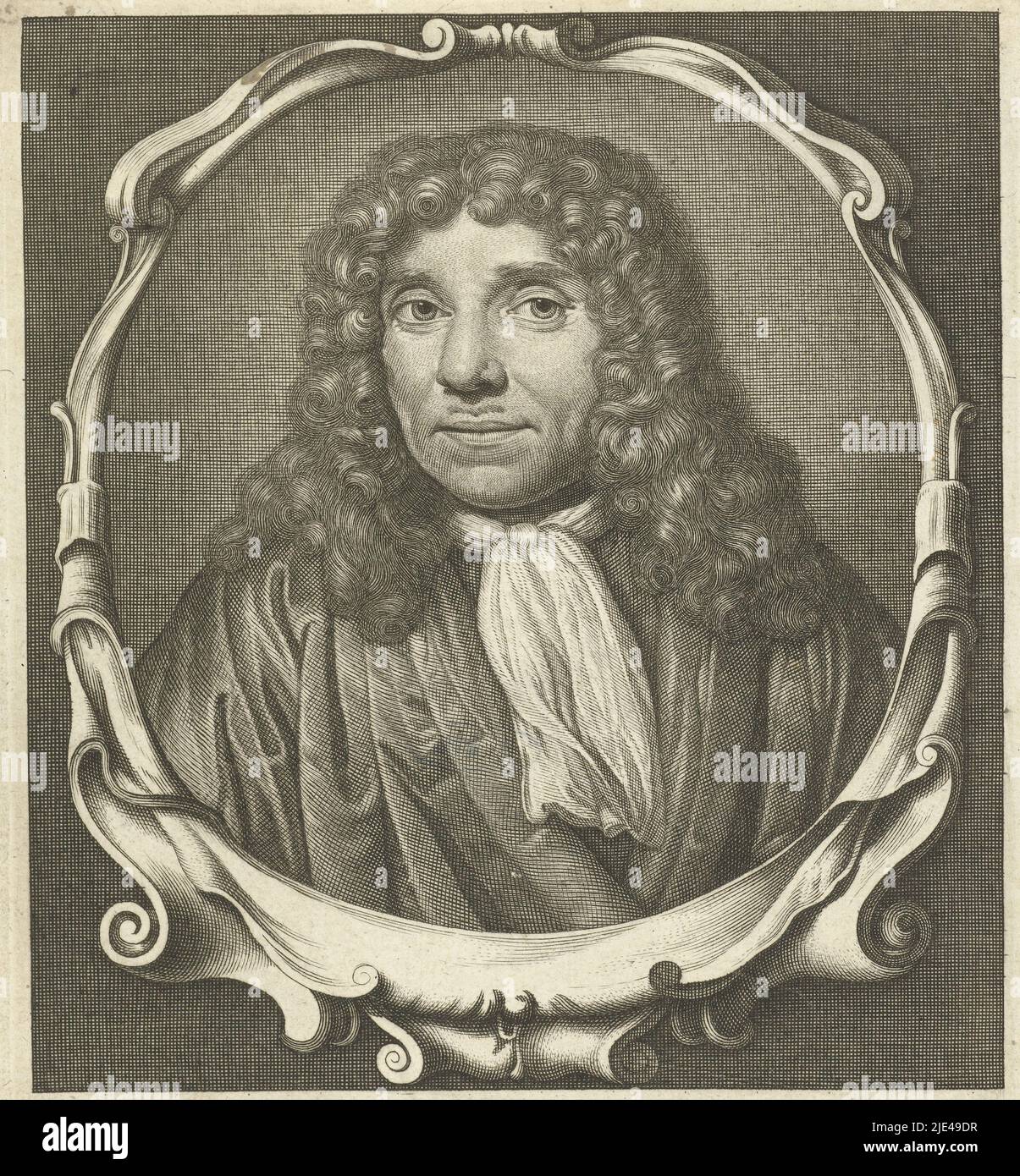 Portrait of Antonie van Leeuwenhoek, Abraham de Blois, after Jan Verkolje (I), c. 1679 - c. 1717, Portrait of Antonie van Leeuwenhoek, bust in oval frame with lobe ornament., print maker: Abraham de Blois, (mentioned on object), after: Jan Verkolje (I), (mentioned on object), Amsterdam, c. 1679 - c. 1717, paper, engraving, h 177 mm × w 143 mm Stock Photo