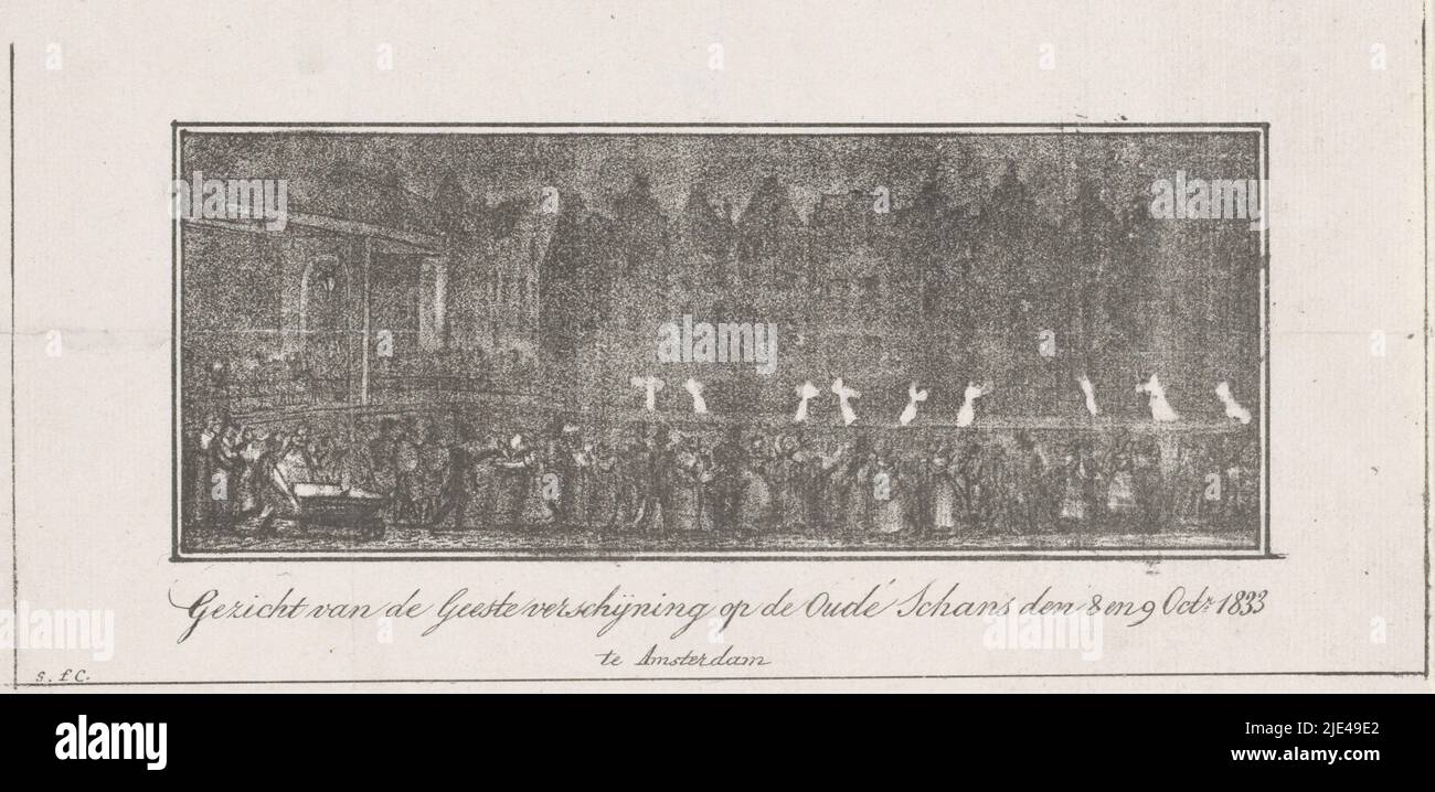 View of the Ghost Appearance on the Oude Schans den 8 and 9 Oct.r 1833 at Amsterdam, Hartog Abrahams Swaluw, 1833, Ghost Appearance on the Oudeschans at Amsterdam, in the evening of 8 and 9 October 1833. Along the quay the ghostly white shadows of women in long robes move. In the foreground and on the bridge the gathered spectators. The 'ghosts' were produced by some students using magic lantern slides., print maker: Hartog Abrahams Swaluw, (mentioned on object), Amsterdam, 1833, paper, h 146 mm × w 237 mm Stock Photo