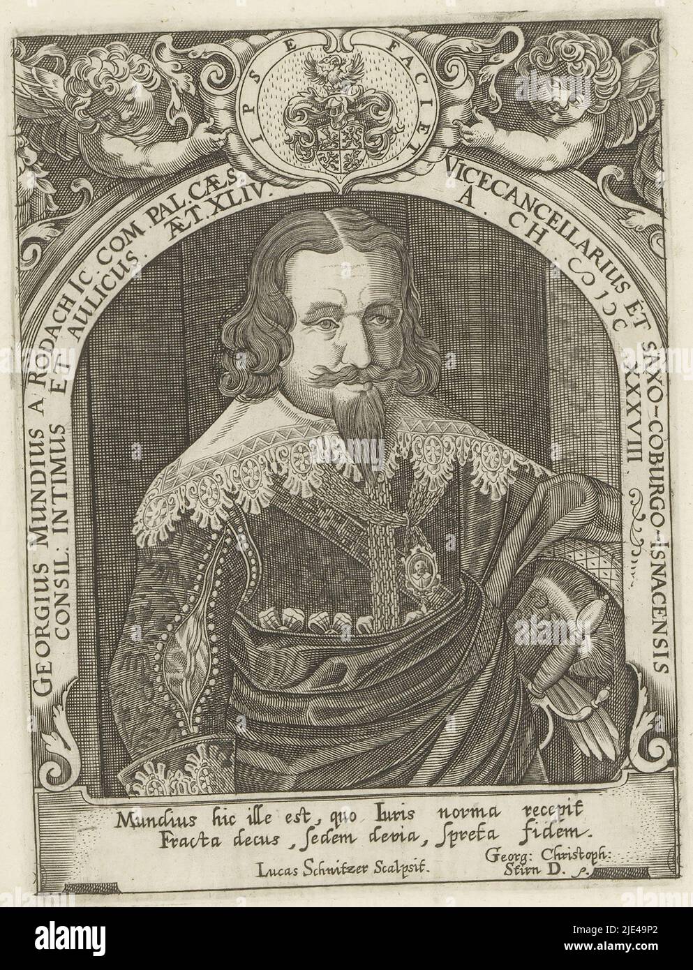 Portrait of Georg Mund von Rodach, Lukas Schnitzer, 1638 - 1671, print maker: Lukas Schnitzer, (mentioned on object), Georg Christoph Stirn, (mentioned on object), Neurenberg, 1638 - 1671, paper, engraving, h 157 mm - w 119 mm Stock Photo