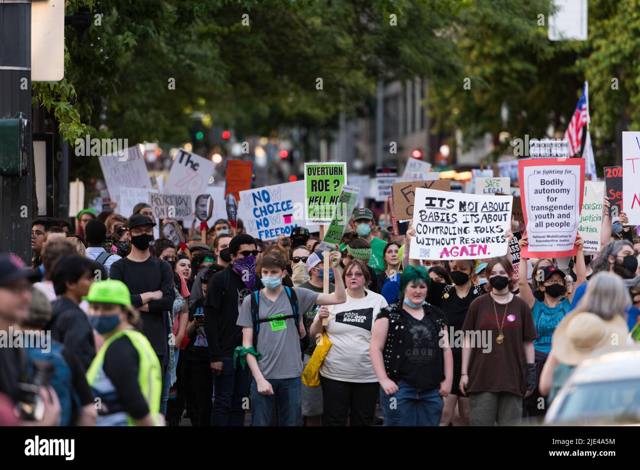Seattle, USA. 24th Jun, 2022. Thousands of Pro Choice protestors flood downtown after the repeal of Roe V. Wade. Stock Photo