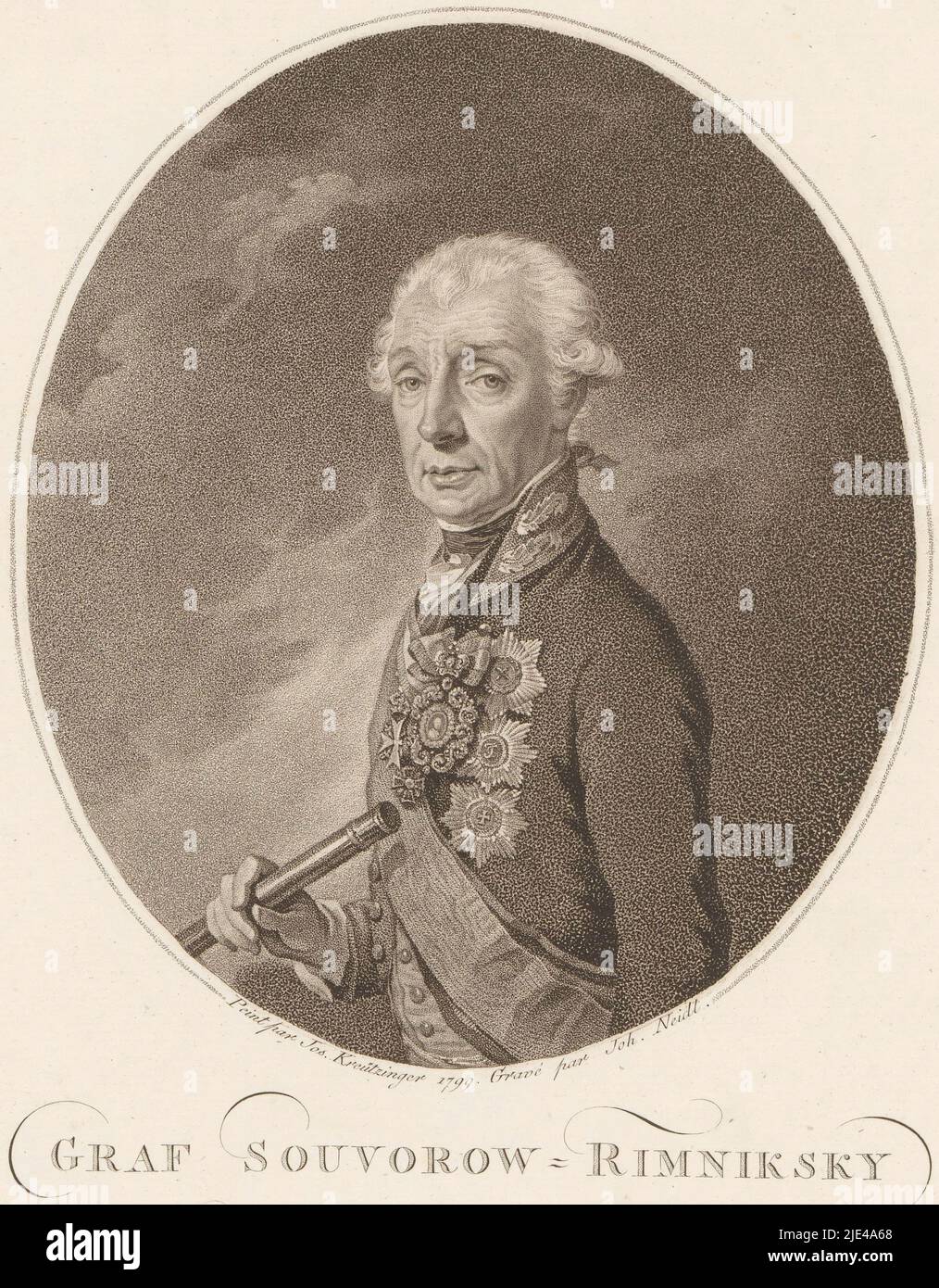 Portrait of Alexander Suvorov, Johann Josef Neidl, after Josef Kreutzinger, 1799 - 1832, print maker: Johann Josef Neidl, (mentioned on object), after: Josef Kreutzinger, (mentioned on object), publisher: Artaria & Co., (mentioned on object), Vienna, 1799 - 1832, paper, h 288 mm - w 205 mm Stock Photo