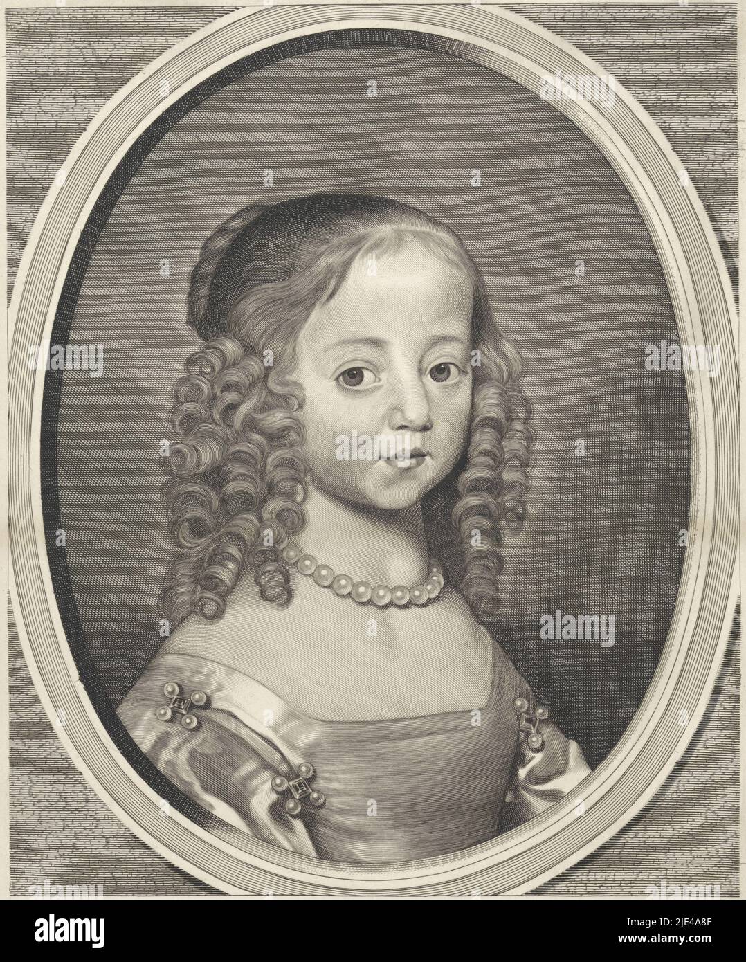 Portrait of Maria, Princess of Orange-Nassau, Cornelis Visscher (II), after Gerard van Honthorst, 1649, Maria, Princess of Orange at a young age. Around her neck a pearl necklace. Print from a series of 9 prints with Orange portraits., print maker: Cornelis Visscher (II), (mentioned on object), after: Gerard van Honthorst, (mentioned on object), Pieter Claesz. Soutman, (mentioned on object), Haarlem, 1649, paper, engraving, h 419 mm × w 306 mm Stock Photo