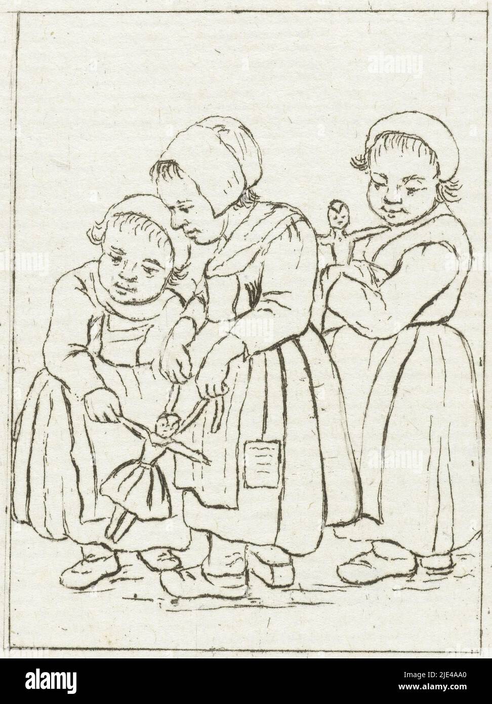 Three girls with dolls, Pieter de Mare, after Christina Chalon, 1777 - 1779, Three girls playing with dolls. One girl holds a doll in her hands. Next to her, the other two girls are playing with a doll., print maker: Pieter de Mare, intermediary draughtsman: Christina Chalon, Leiden, 1777 - 1779, paper, etching, w 55 mm × h 70 mm Stock Photo
