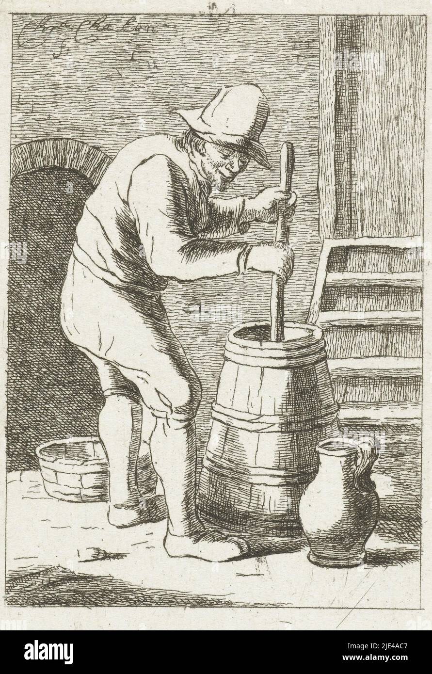 Churning man, Pieter de Mare, after Christina Chalon, 1777 - 1779, A farmer stands next to a churn and churns the milk. A milk jug stands next to the barrel., print maker: Pieter de Mare, intermediary draughtsman: Christina Chalon, (mentioned on object), Leiden, 1777 - 1779, paper, etching, w 70 mm × h 99 mm Stock Photo