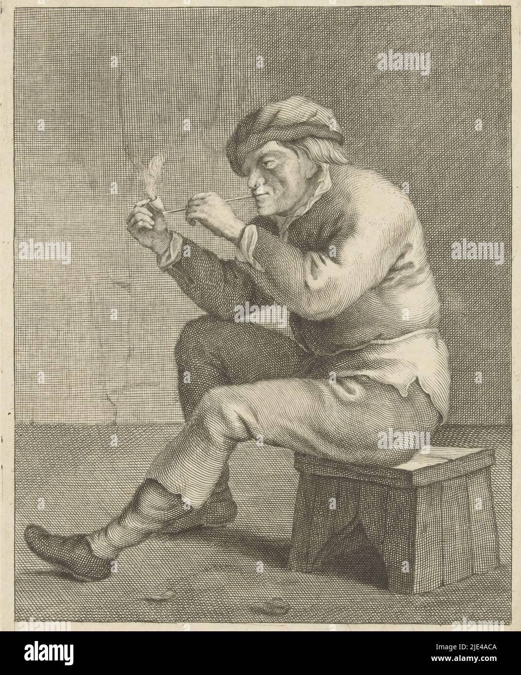Man smoking pipe sitting on a stool, Abraham Delfos, after Adriaen Brouwer, after David Teniers, 1741 - 1820, print maker: Abraham Delfos, after: Adriaen Brouwer, after: David Teniers, (rejected attribution), Leiden, 1741 - 1820, paper, engraving, etching, h 189 mm × w 146 mm Stock Photo