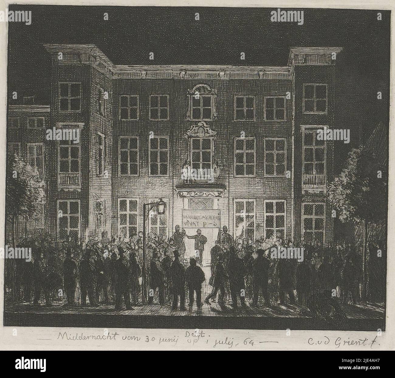 Funeral of the Delft academy, June 30, 1864, Cornelis van der Griendt, 1864 - 1866, Illumination of a house at Delft, midnight of June 30-July 1, 1864. A group of students gathered in front of an illuminated house on a canal. Above the door of the house a sign reading 'Akademia VIVAT P - S'. At the change of name from the Delft Akademie to the Delft Polytechnic School., print maker: Cornelis van der Griendt, (mentioned on object), printer: Jan Weissenbruch, 1864 - 1866, paper, etching, drypoint, h 132 mm - w 147 mm Stock Photo