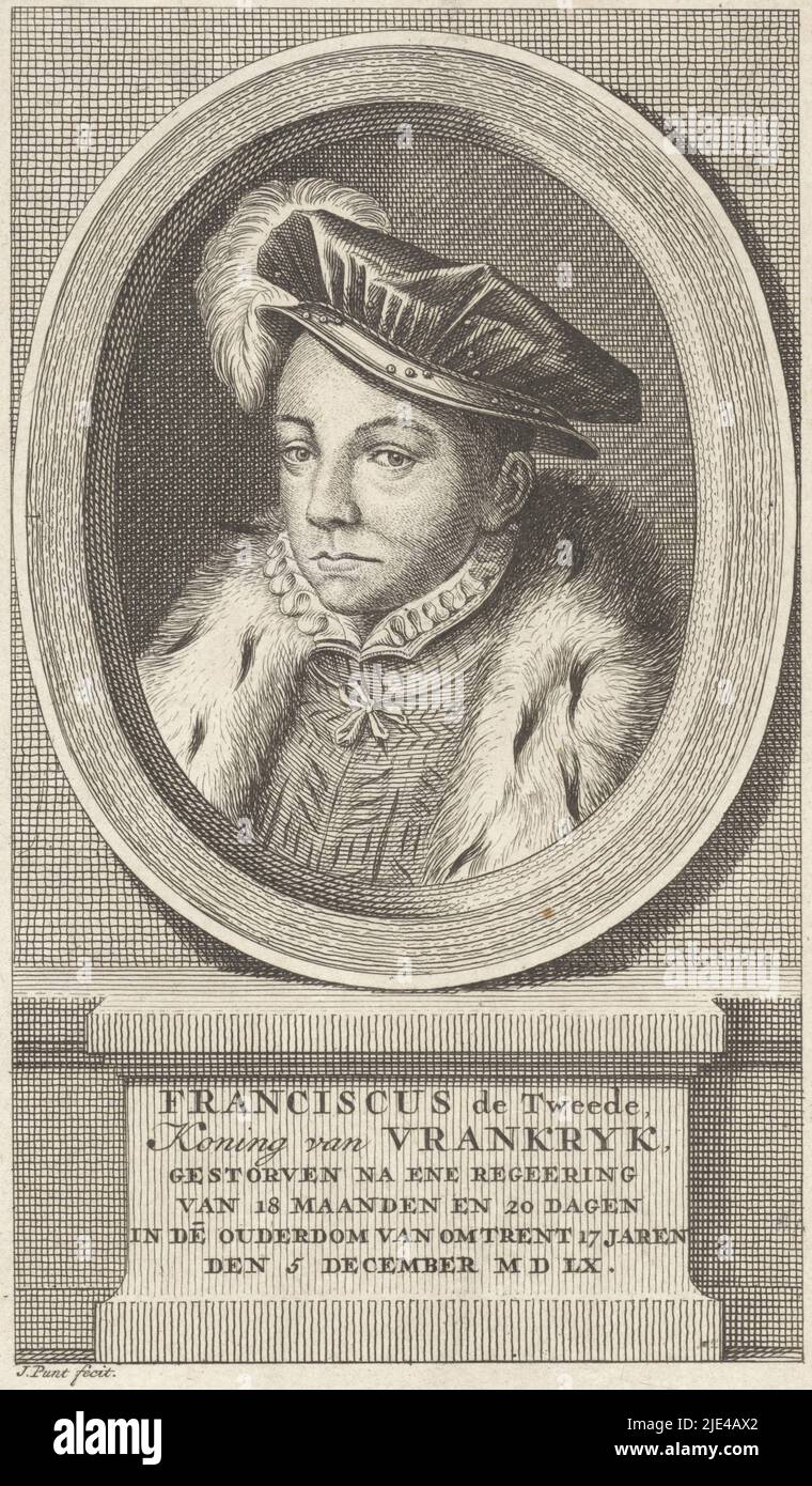 Portrait of Francis II, King of France, Jan Punt, 1786, Portrait of Francis II, King of France. On the piedmont his name, position and date of death in Dutch., print maker: Jan Punt, (mentioned on object), Noord-Nederland, 1786, paper, etching, engraving, h 179 mm × w 109 mm Stock Photo