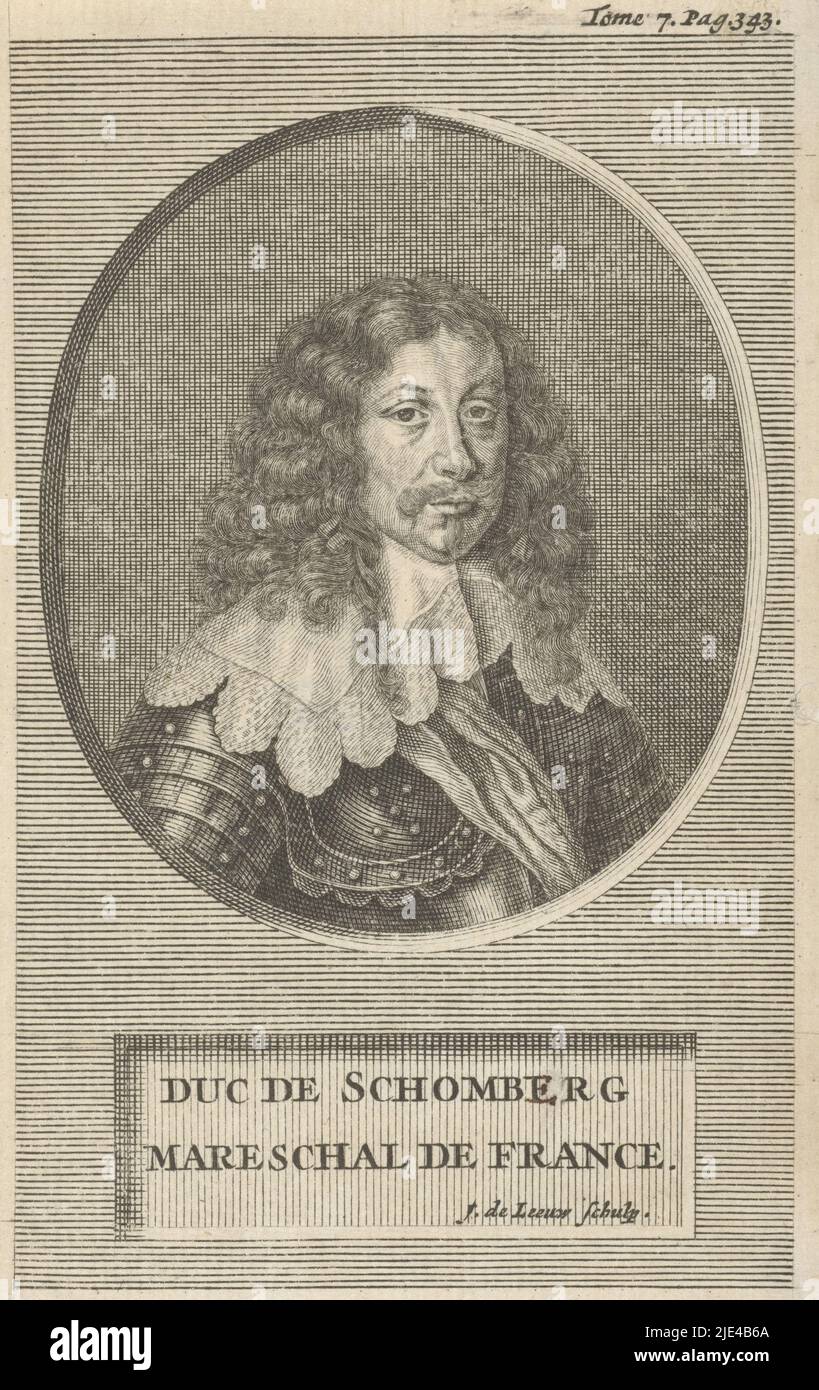 Portrait of Friedrich Arnaud, Duke of Schomberg, Jan de Leeuw, 1704, Portrait bust in oval to the right of Friedrich Arnaud, Duke of Schomberg, bareheaded and clad in armor. Below the portrait, a plaque states the name of the person portrayed., print maker: Jan de Leeuw, (mentioned on object), 1704, paper, engraving, h 143 mm × w 91 mm Stock Photo