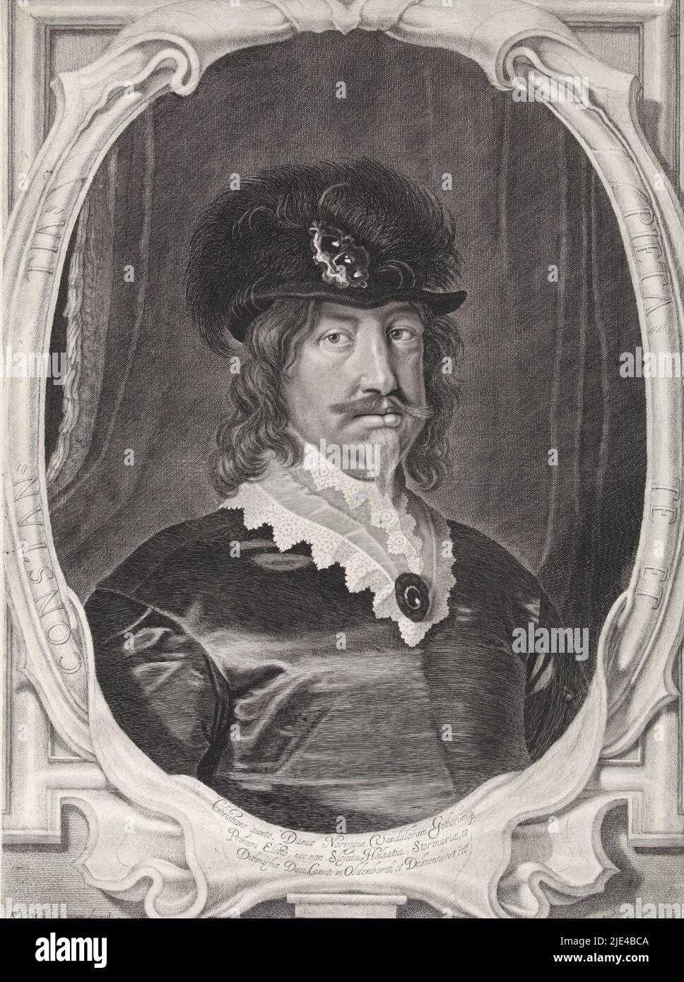 Portrait of Christian of Denmark and Norway, Albert Haelwegh, after Karel van Mander, 1643, Portrait of Christian of Denmark and Norway, in an oval cartouche. On his head a hat with a feather which is fastened with a brooch., print maker: Albert Haelwegh, (mentioned on object), after: Karel van Mander, (mentioned on object), Copenhagen (city), 1643, paper, etching, engraving, h 555 mm × w 405 mm Stock Photo