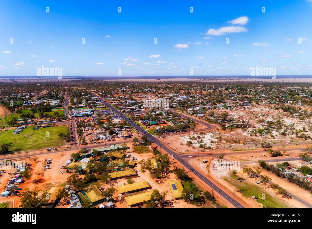 Lightning ridge opal mining remote regional town in NSW of Australia - aerial downtown view. Stock Photo