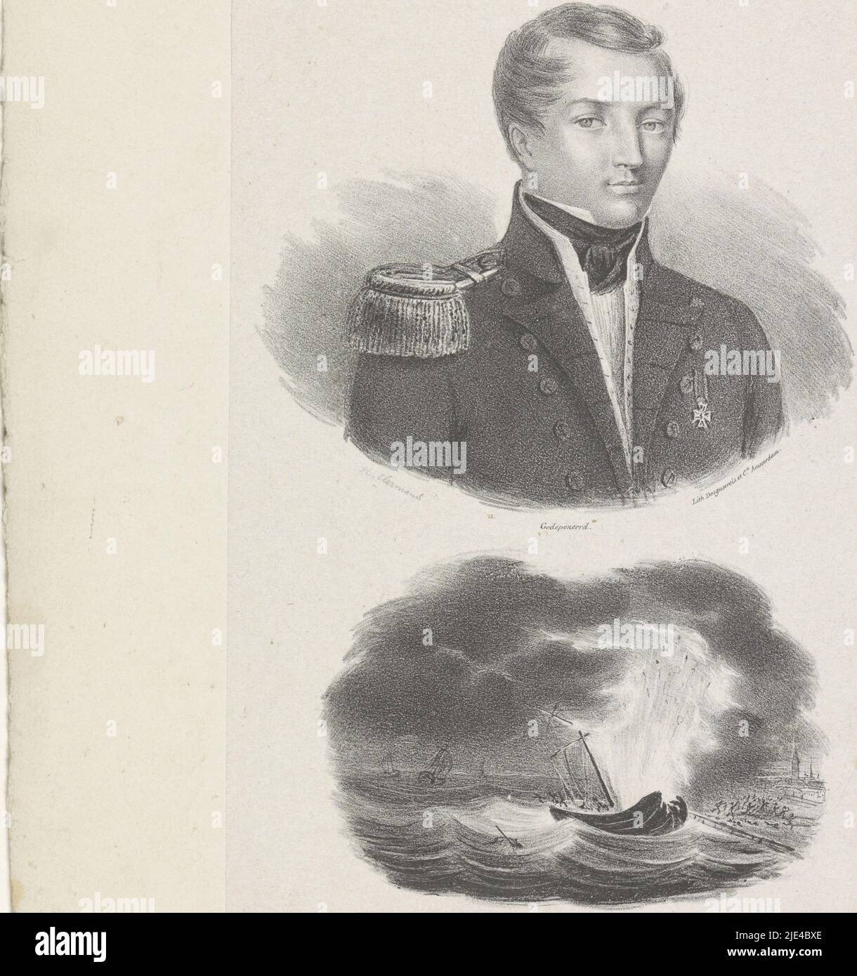 Portrait of Jan van Speijk and the explosion of his ship, J.B. Clermans, 1831, The person portrayed is wearing a military uniform with an epaulette and two knighthoods on his chest. Below the portrait his boat exploding in the harbor of Antwerp. Below that his name and date of birth and death., print maker: J.B. Clermans, (mentioned on object), printer: Desguerrois & Co., (mentioned on object), publisher: Anthonius Johannes van Tetroode, (mentioned on object), Amsterdam, 1831, paper, h 365 mm × w 265 mm Stock Photo