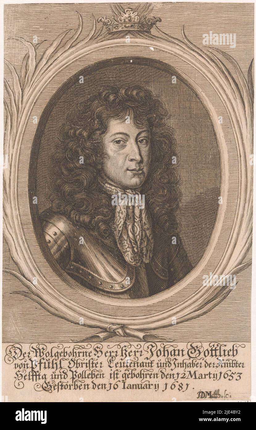 Portrait of Johann Gottlieb von Pfühl, J.D. Matthias, 1681 - 1699, print maker: J.D. Matthias, (mentioned on object), Germany, 1681 - 1699, paper, engraving, h 255 mm × w 158 mm Stock Photo