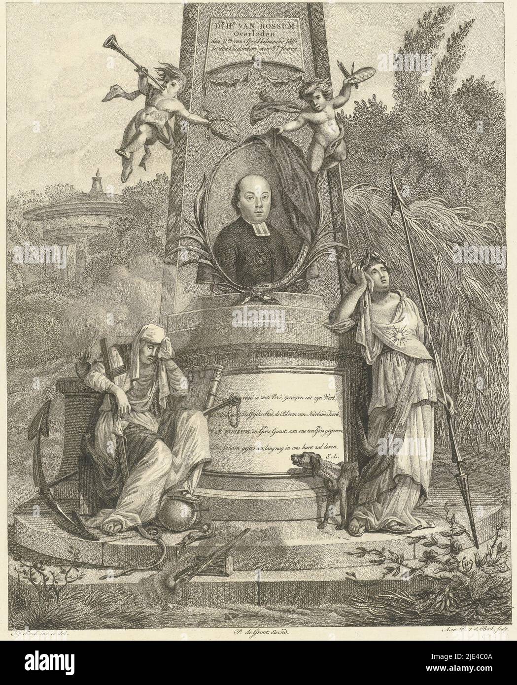 Monument commemorating the death of pastor Van Rossum in Delft with his portrait and two mourning allegorical women, Antonie and Pieter van der Beek, after Hermanus Fock, 1810, Monument commemorating the death of pastor Van Rossum in Delft with his portrait in oval frame on column. Two female allegorical figures mourn at the monument, on the left a woman sits with symbols of faith, hope and love and her foot resting on an orb. The other woman is holding a spear and has a star on her chest. On the base of the monument is a poem of praise., print maker: Antonie en Pieter van der Beek, (mentioned Stock Photo