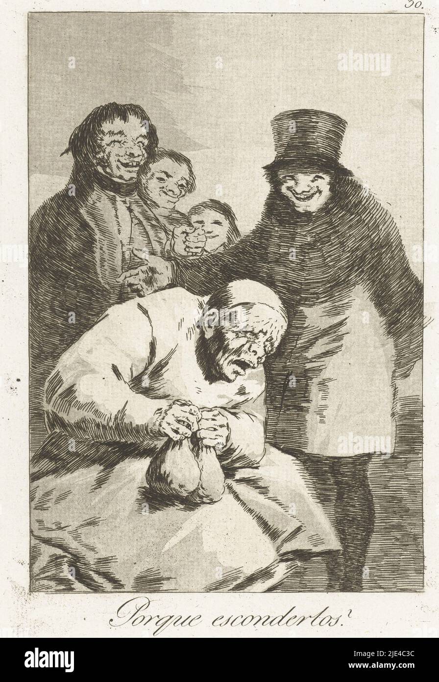 Why They're Hiding, Francisco de Goya, 1797 - 1799, A huddled monk with a bag of money in each hand. He is laughed at by four well-to-do men. Thirtieth print from the, print maker: Francisco de Goya, Francisco de Goya, Spain, 1797 - 1799, paper, etching, drypoint, h 215 mm × w 151 mm Stock Photo