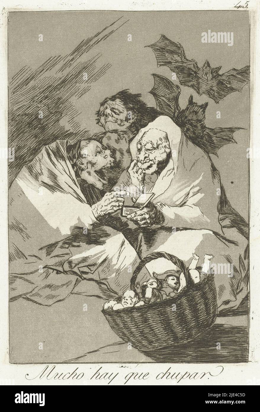 There is plenty to suck out, Francisco de Goya, 1797 - 1799, Three witches or monstrous figures, one has a box in his hand. From behind, two bats approach; in the foreground is a basket filled with babies. Forty-fifth print in the Los Caprichos series., print maker: Francisco de Goya, Francisco de Goya, Spain, 1797 - 1799, paper, etching, h 205 mm × w 150 mm Stock Photo