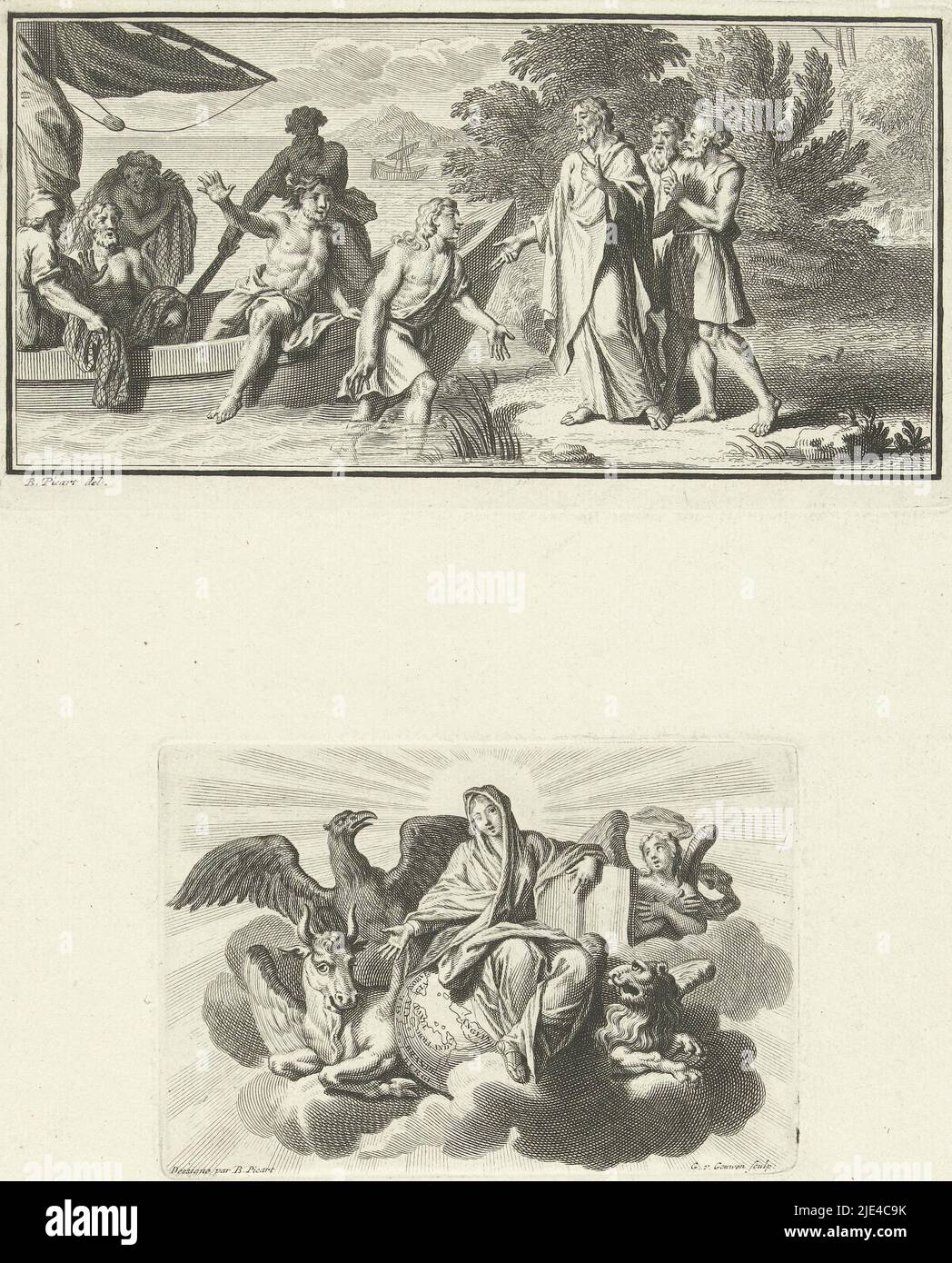 Christ calls apostles among fishermen / Mary and the four apocalyptic animals, Gilliam van der Gouwen, after Bernard Picart, 1709 - c. 1740, Top: Christ stands on the shore of the Sea of Galilee and calls two fishermen, Peter and Andrew, to him. Below: Mary seated on a globe in the clouds. Around her the four apocalyptic animals., print maker: Gilliam van der Gouwen, (mentioned on object), intermediary draughtsman: Bernard Picart, (mentioned on object), Amsterdam, 1709 - c. 1740, paper, engraving, w 172 mm × h 90 mm × h 79 mm × w 112 mm Stock Photo