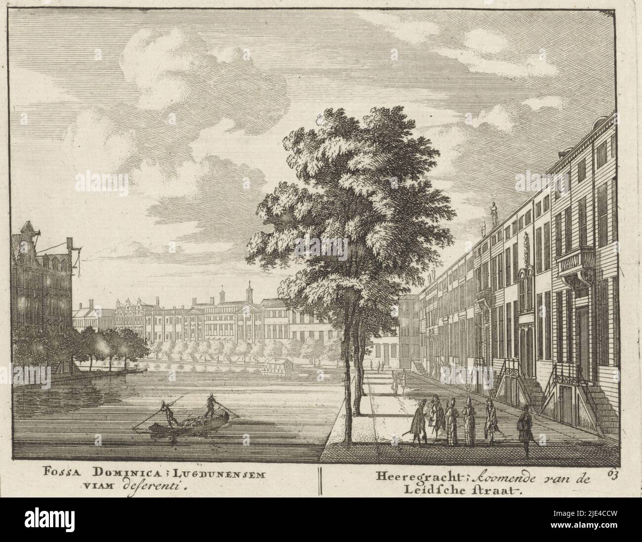 View of the Herengracht, coming from te Leidsestraat, Jan van Call (I), Pieter Schenk (I), 1694 - 1697, View of the Herengracht in Amsterdam, seen from the Leidsestraat (part of the Golden Bend). In the center right is the beginning of Nieuwe Spiegelstraat. Below the image the title in Latin and Dutch. Numbered in the lower right corner: 63., print maker: Jan van Call (I), publisher: Pieter Schenk (I), (mentioned on object), Staten van Holland en West-Friesland, (mentioned on object), Amsterdam, 1694 - 1697, paper, etching, engraving, h 131 mm × w 164 mm Stock Photo