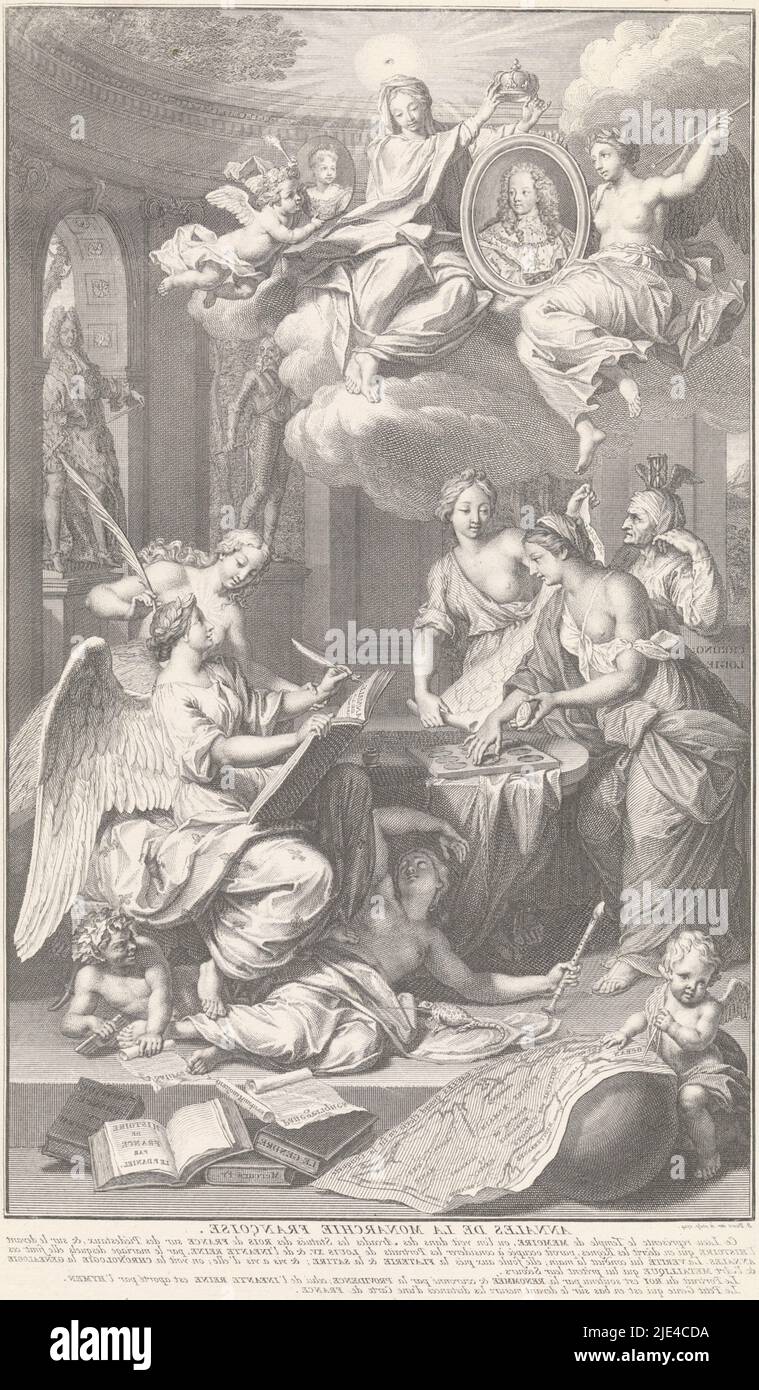 Allegory of the History of the French Monarchy, Bernard Picart, 1724, History writes in her book about the true history of the French monarchy. She tramples on the allegorical figures of Mooiprattery and Satire, which lie at her feet. Next to her stands Truth. On the other side of the table the female personifications of Penmanship, Chronology and Genealogy. In the sky, Providence (Providentia) crowns the portrait of Louis XV carried by Fame. Amor holds the portrait of the infante Marianne Victoria of Bourbon, the king's then fiancée. In the foreground a putto drawing the map of France. The Stock Photo