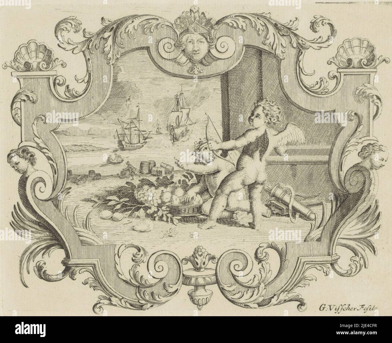 Amor and putto on a beach, Gerrit Visscher, 1690 - 1710, Amor with bow and putto by fruit basket on a beach. In the distance sailing ships at sea. The scene is framed in an ornamental frame., print maker: Gerrit Visscher, (mentioned on object), Amsterdam, 1690 - 1710, paper, engraving, etching, h 118 mm × w 151 mm Stock Photo