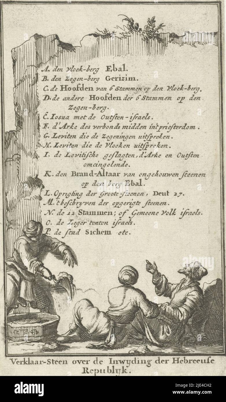 Stone tablet with the precepts of Moses, Jan Luyken, 1683, print maker: Jan Luyken, publisher: Willem Goeree, Amsterdam, 1683, paper, etching, h 143 mm × w 85 mm Stock Photo