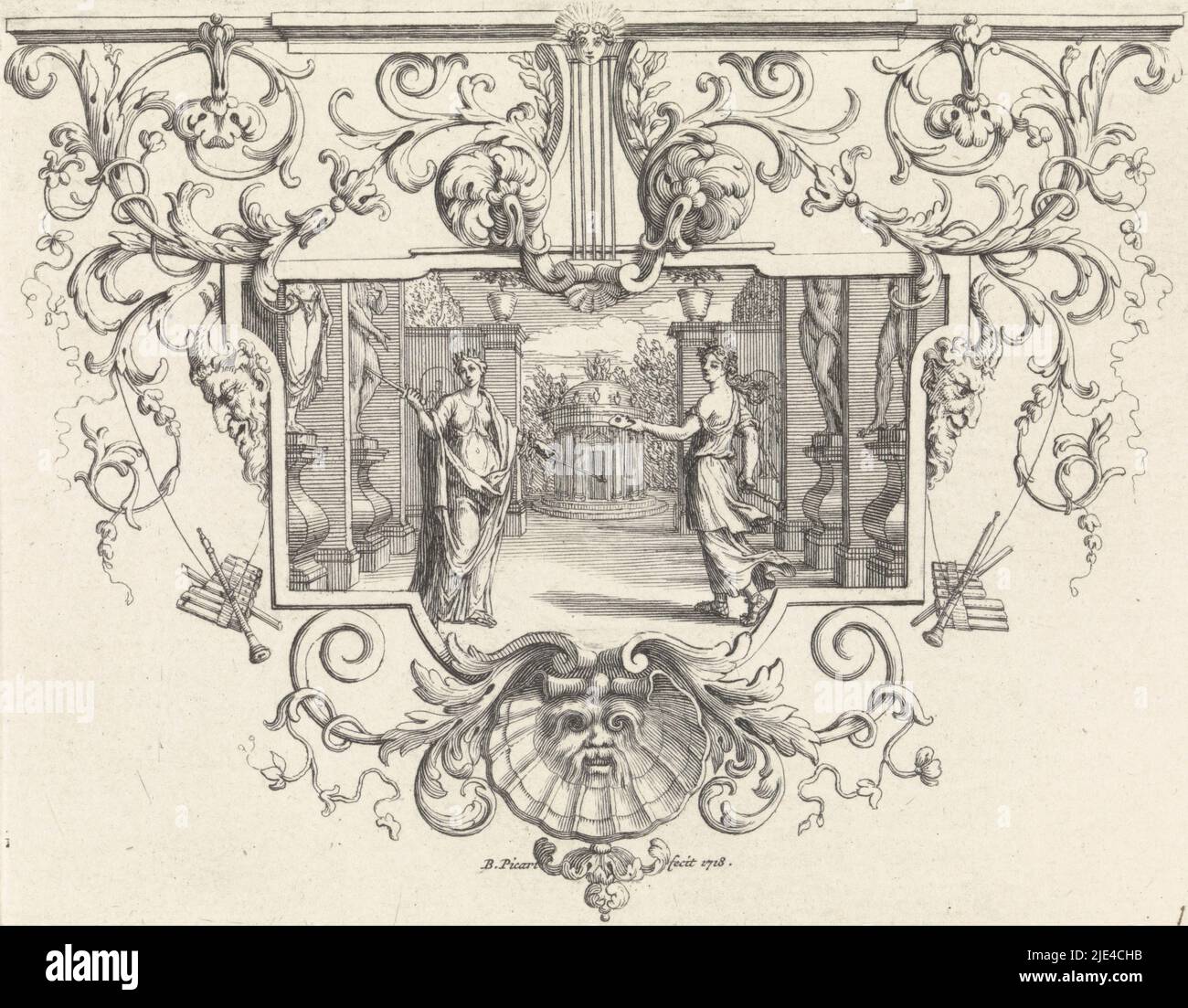 Melpomene and Thalia, Bernard Picart, 1718, On the left is Melpomene, the muse of the tragedy, and on the right is Thalia, the muse of the comedy. In the background a temple. The scene is framed in an ornamental frame., print maker: Bernard Picart, (mentioned on object), Amsterdam, 1718, paper, etching, engraving, h 103 mm × w 133 mm Stock Photo