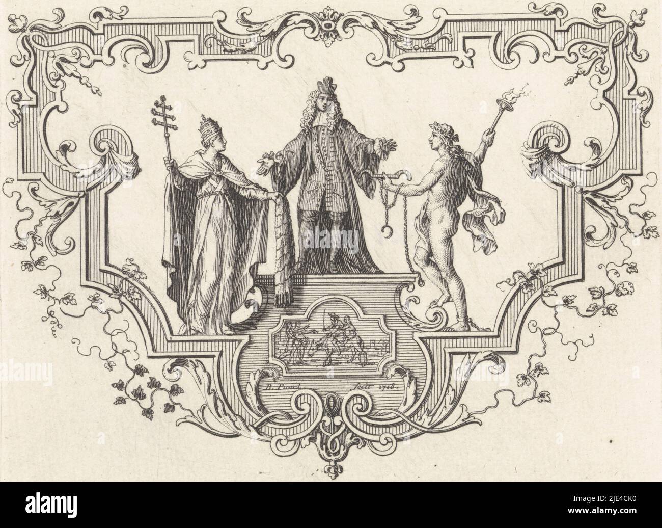 François de Maucroix flanked by the Church and Hymen, Bernard Picart, 1718, The poet François de Maucroix on a pedestal is flanked by the personification of the Church, dressed as the Pope, and the marriage god Hymen, who offers him the yoke of marriage. The representation is framed in an ornamental frame., print maker: Bernard Picart, (mentioned on object), Amsterdam, 1718, paper, etching, engraving, h 100 mm × w 127 mm Stock Photo