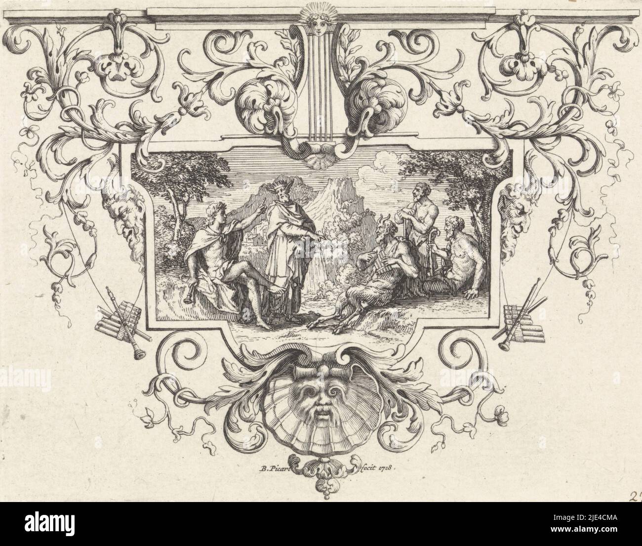 Judgment of Midas, Bernard Picart, 1718, King Midas designates Pan as the winner in the musical contest between Pan and Apollo. The Apollo seated on the left gives Midas donkey ears for punishment. The scene is framed in an ornamental frame., print maker: Bernard Picart, (mentioned on object), Amsterdam, 1718, paper, etching, engraving, h 102 mm × w 131 mm Stock Photo