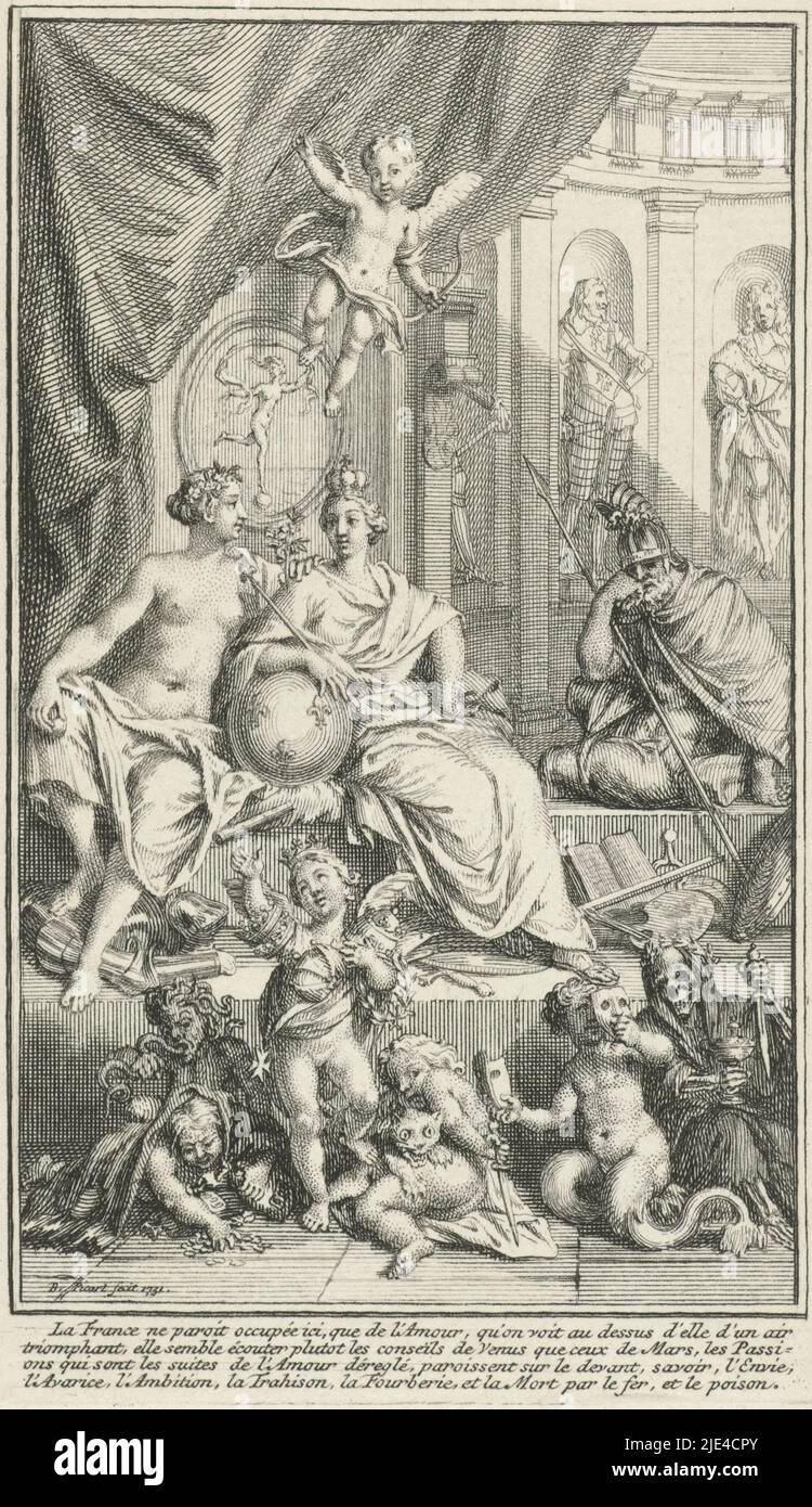 Allegorical title page with the personification of France, Bernard Picart, 1731, The female personification of France is accompanied by Venus. She has turned away from Mars who sits mourning in the background. Above them flies Amor. In the foreground putti symbolizing the consequences of licentious love: Envy, Avarice, Betrayal, Faithlessness and Death. In the margin a four-line caption in French., print maker: Bernard Picart, (mentioned on object), Amsterdam, 1731, paper, etching, engraving, h 132 mm × w 79 mm Stock Photo