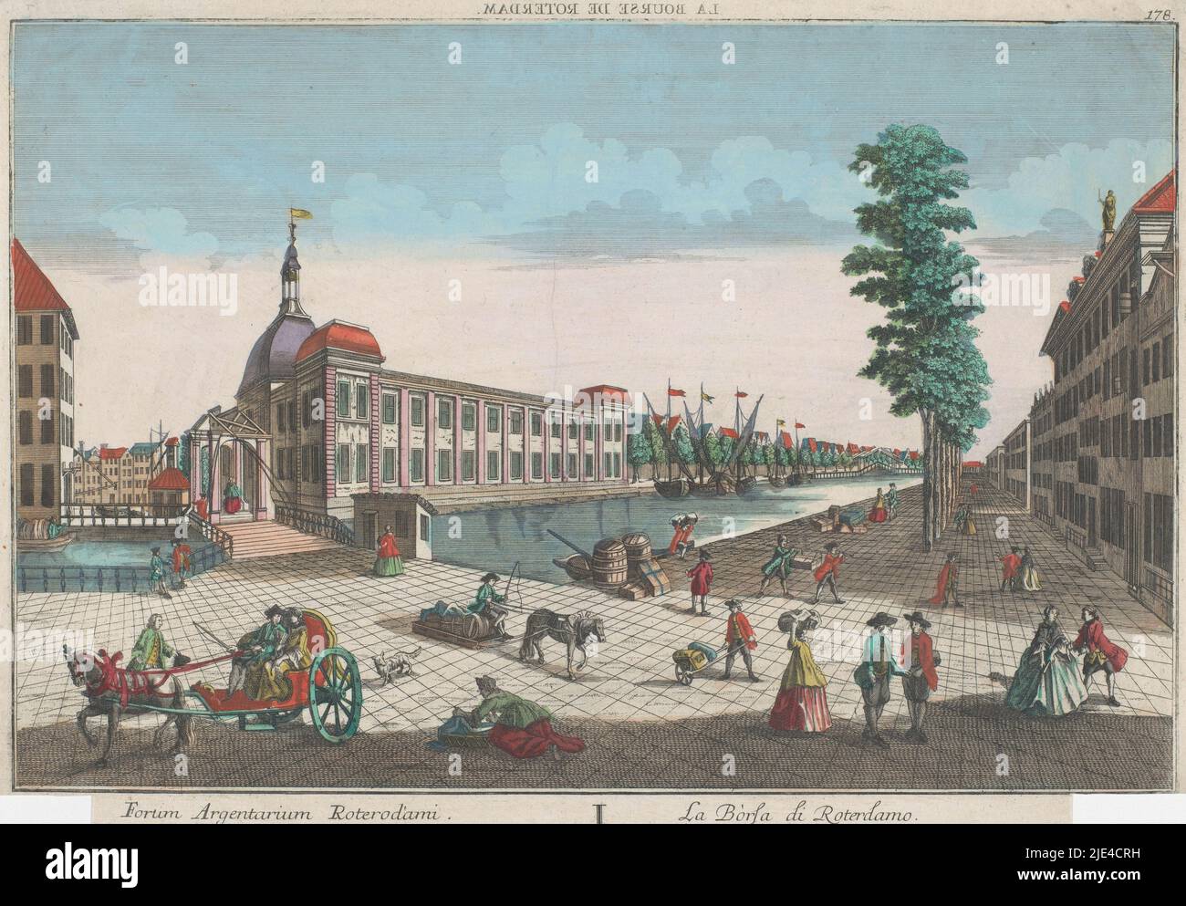 View of the Stock Exchange in Rotterdam, Georg Balthasar Probst, 1742 - 1801, On the left the Gapers bridge over the Blaak. Numbered top right: 178; numbered bottom left: 46., publisher: Georg Balthasar Probst, (mentioned on object), print maker: anonymous, publisher: Augsburg, print maker: Germany, 1742 - 1801, paper, etching, brush, h 314 mm × w 428 mm Stock Photo