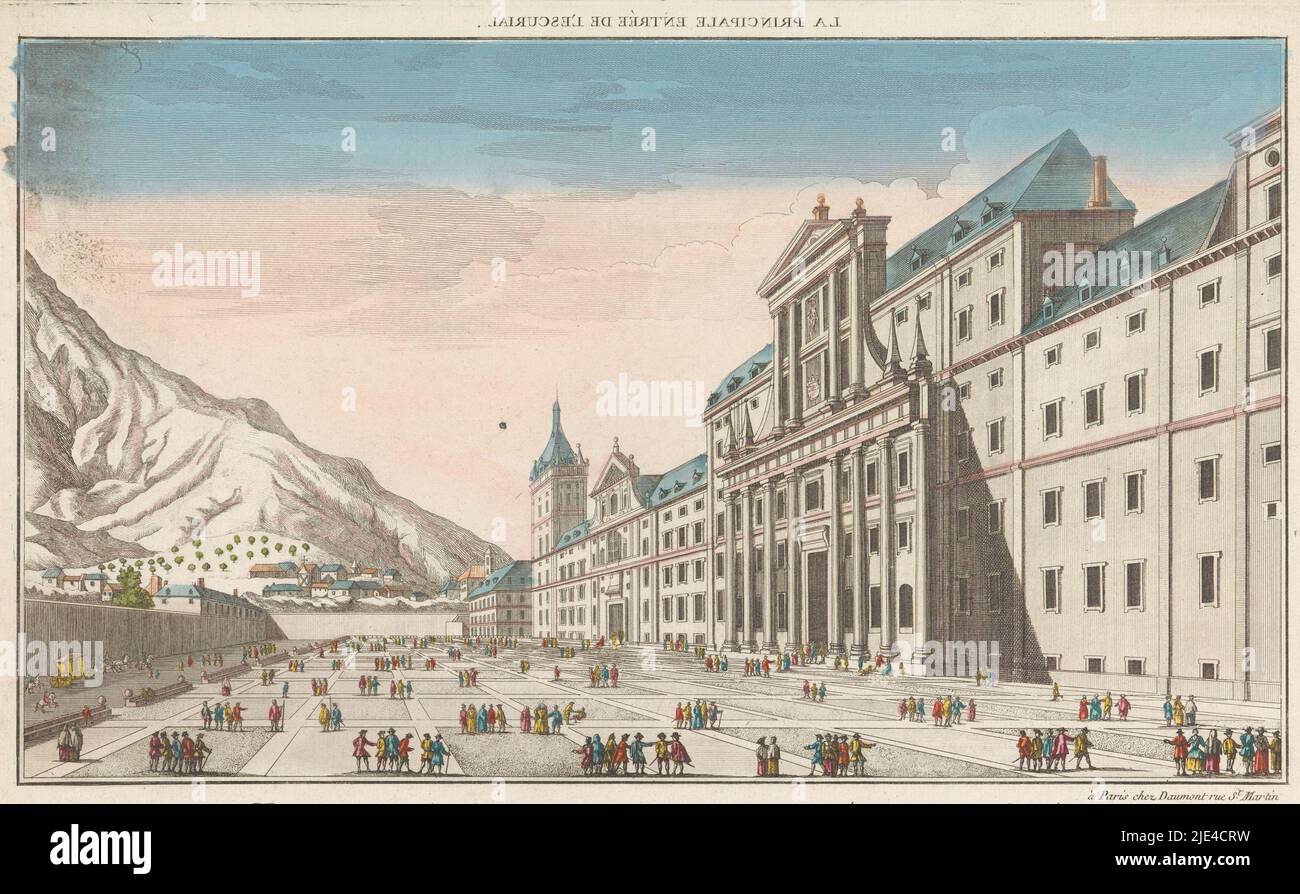 View of the El Escorial abbey complex near the city of Madrid, seen from the south side, Jean-François Daumont, 1745 - 1775, publisher: Jean-François Daumont, (mentioned on object), print maker: anonymous, publisher: Paris, print maker: France, 1745 - 1775, paper, etching, brush, h 267 mm × w 403 mm Stock Photo