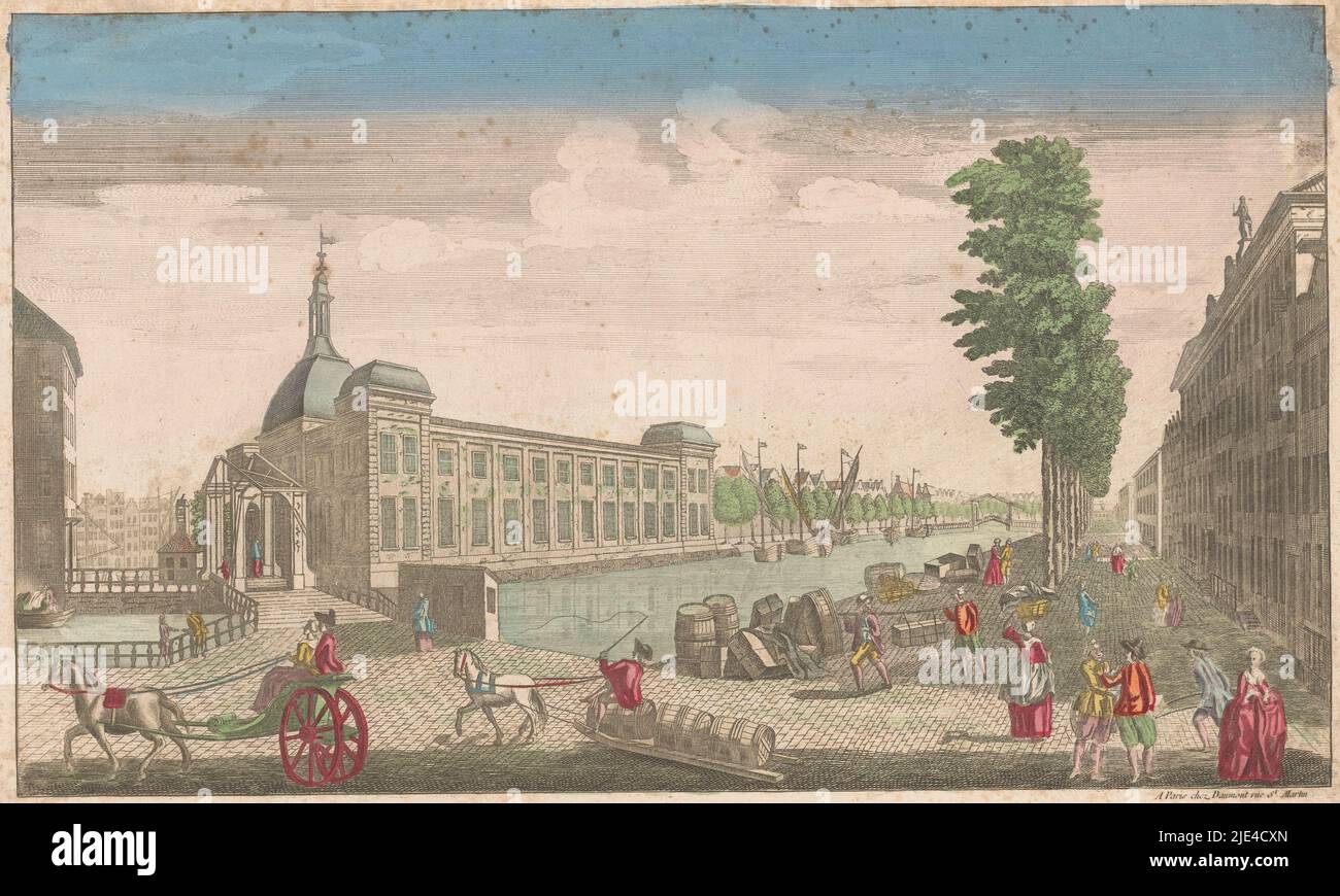 View of the Stock Exchange in Rotterdam, Jean-François Daumont, 1745 - 1775, Left the Gapers Bridge over the Blaak. Numbered in the title: 47., publisher: Jean-François Daumont, (mentioned on object), print maker: anonymous, publisher: Paris, print maker: France, 1745 - 1775, paper, etching, brush, h 268 mm × w 408 mm Stock Photo