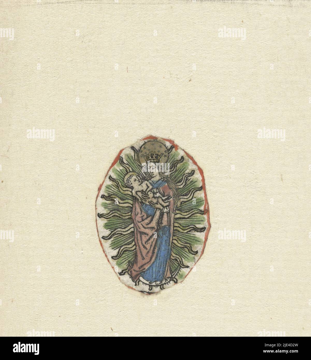 Madonna on Crescent Moon, anonymous, 1400 - 1500, Mary with the Christ Child in her arms, standing on a crescent moon, surrounded by a halo of rays., print maker: anonymous, Germany, 1400 - 1500, paper, engraving, h 30 mm × w 22 mm Stock Photo