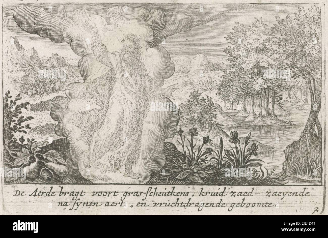 God creates the dry earth and the plants, Crispijn van de Passe (I), 1700 - 1750, God creates the land, the seed-forming plants and the trees with fruits that bear seeds. The water recedes into rivers and the sea. In the margin a two-line caption in Dutch., print maker: Crispijn van de Passe (I), publisher: Isaac Greve, print maker: Utrecht, publisher: Amsterdam, 1700 - 1750, paper, engraving, h 83 mm × w 125 mm Stock Photo