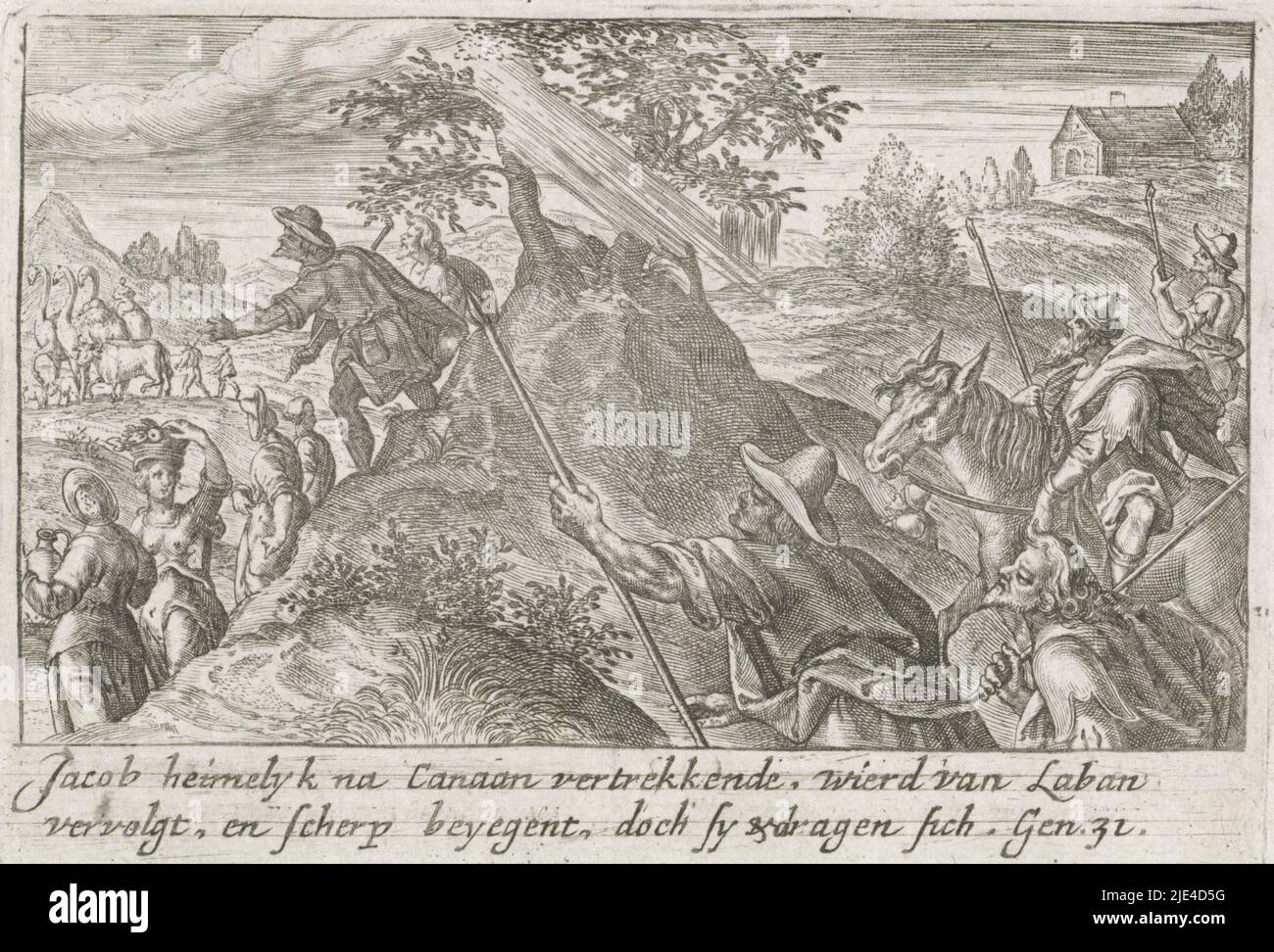 Laban pursues Jacob, Crispijn van de Passe (I), 1700 - 1750, Jacob secretly returns to Canaan, taking his wives, children and possessions with him. Laban sets off in pursuit and nearly overtakes him in the mountains of Gilead. In the margin a two-line caption in Dutch., print maker: Crispijn van de Passe (I), publisher: Isaac Greve, print maker: Utrecht, publisher: Amsterdam, 1700 - 1750, paper, engraving, h 85 mm × w 120 mm Stock Photo