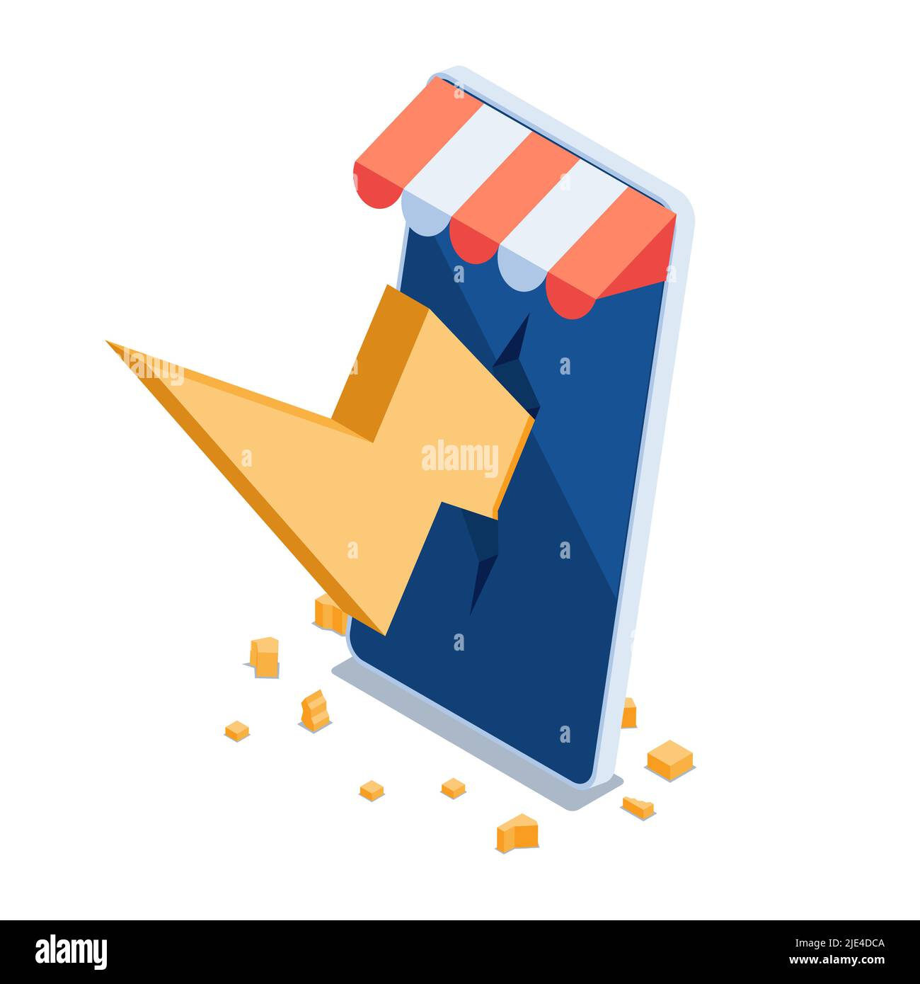 Flat 3d Isometric Golden Lightning Bolt on Smartphone Screen. Flash Sale and Online Shopping Concept. Stock Vector