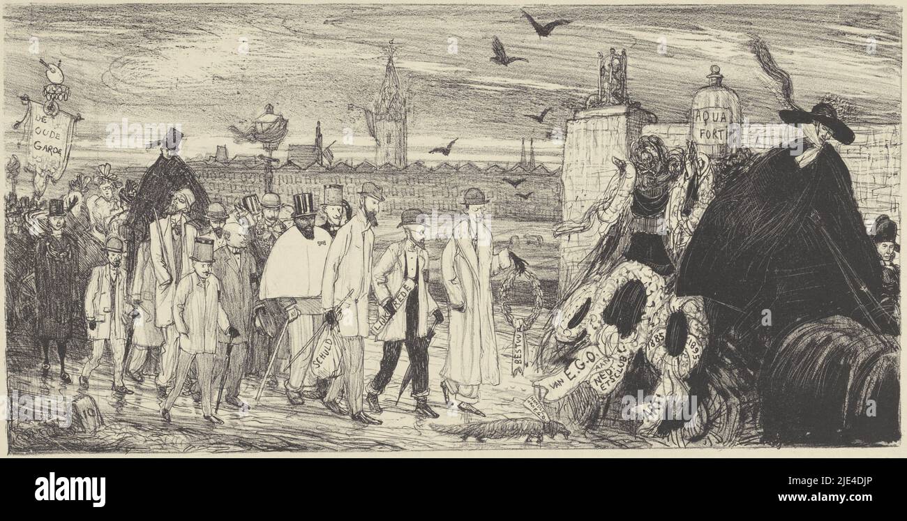 The Funeral of the Nederlandsche Etsclub, 1896, Marius Bauer, 1896, Cartoon in which the Nederlandsche Etsclub is buried. The Etching Club dissolved itself on January 13, 1896. At the front of the procession the hearse with funeral wreaths 1885-1895, behind it the members: Jan Veth (with sign 'eulogy'), Philip Zilcken, Maurits van der Valk, Marinus van der Maarel, Etienne Bosch, Anton L. Koster, Hendrik J. Haverman and Jan Toorp. Marius Bauer has depicted himself as treasurer of the Etching Club with the bag marked 'debt. Behind this group follow the ladies members in a carriage: Etha Fles Stock Photo
