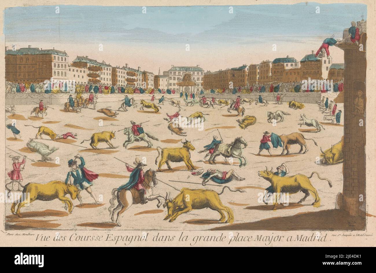 View of a bullfight on the Plaza Mayor in Madrid, Louis-Joseph Mondhare, 1759 - c. 1796, publisher: Louis-Joseph Mondhare, (mentioned on object), print maker: anonymous, publisher: Paris, print maker: France, 1759 - c. 1796, paper, etching, brush, h 284 mm × w 438 mm Stock Photo