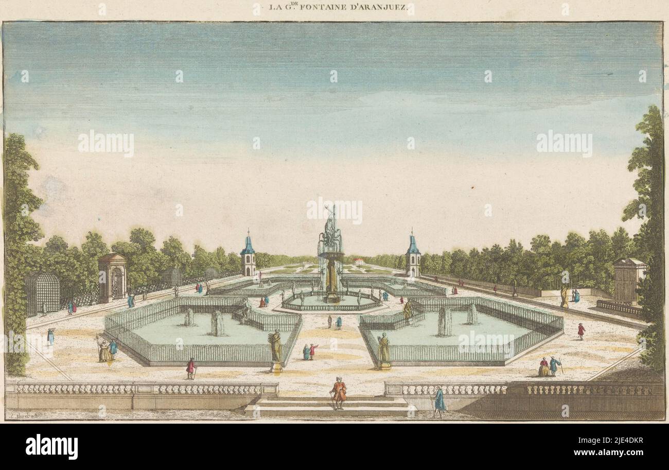 View of the fountain of a garden at Aranjuez, Jacques Gabriel Huquier, 1735 - 1805, publisher: Jacques Gabriel Huquier, (mentioned on object), print maker: anonymous, publisher: Paris, print maker: France, 1735 - 1805, paper, etching, brush, h 291 mm × w 437 mm Stock Photo