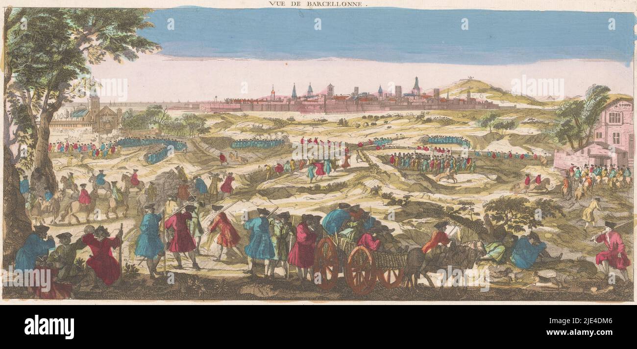View of the siege of Barcelona by the French in 1635, anonymous, 1700 - 1799, publisher: anonymous, print maker: anonymous, 1700 - 1799, paper, etching, brush, h 232 mm × w 427 mm, FTZYC Doctype Stock Photo