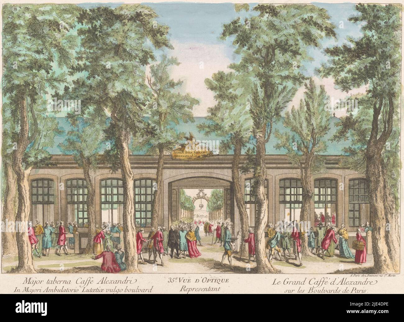 View of the Grand Caffé Royal d'Alexandre on the Boulevard du Temple in Paris, Jean-François Daumont, 1745 - 1775, Numbered in the title: 35., publisher: Jean-François Daumont, (mentioned on object), print maker: anonymous, publisher: Paris, print maker: France, 1745 - 1775, paper, etching, brush, h 306 mm × w 416 mm Stock Photo