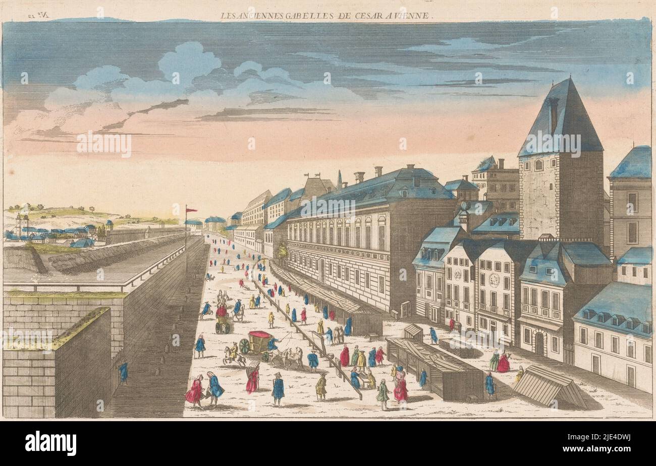 View of a street with wooden stalls in Vienna, anonymous, 1700 - 1799, Numbered top right: 12., publisher: anonymous, print maker: anonymous, 1700 - 1799, paper, etching, brush, h 297 mm × w 428 mm Stock Photo